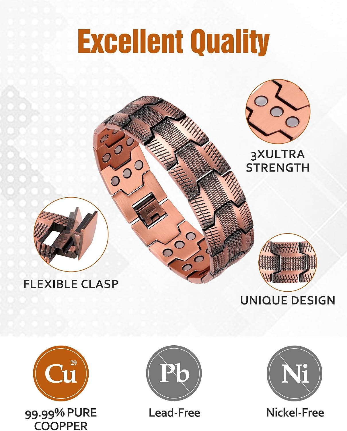 Jecanori 3X Strength Copper Magnetic Bracelet for Men,Pure Copper Bracelet Included Adjustable Sizing Tool