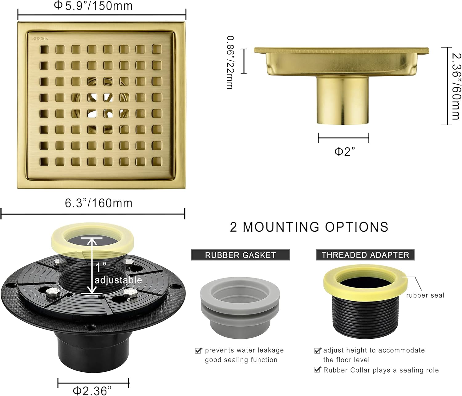 6 Inch Square Shower Drain with Adjustable Shower Drain Base Flange, SUS 304 Stainless Steel Floor Drain with Removable Cover Grid Grate, Brushed Gold Brass Finished