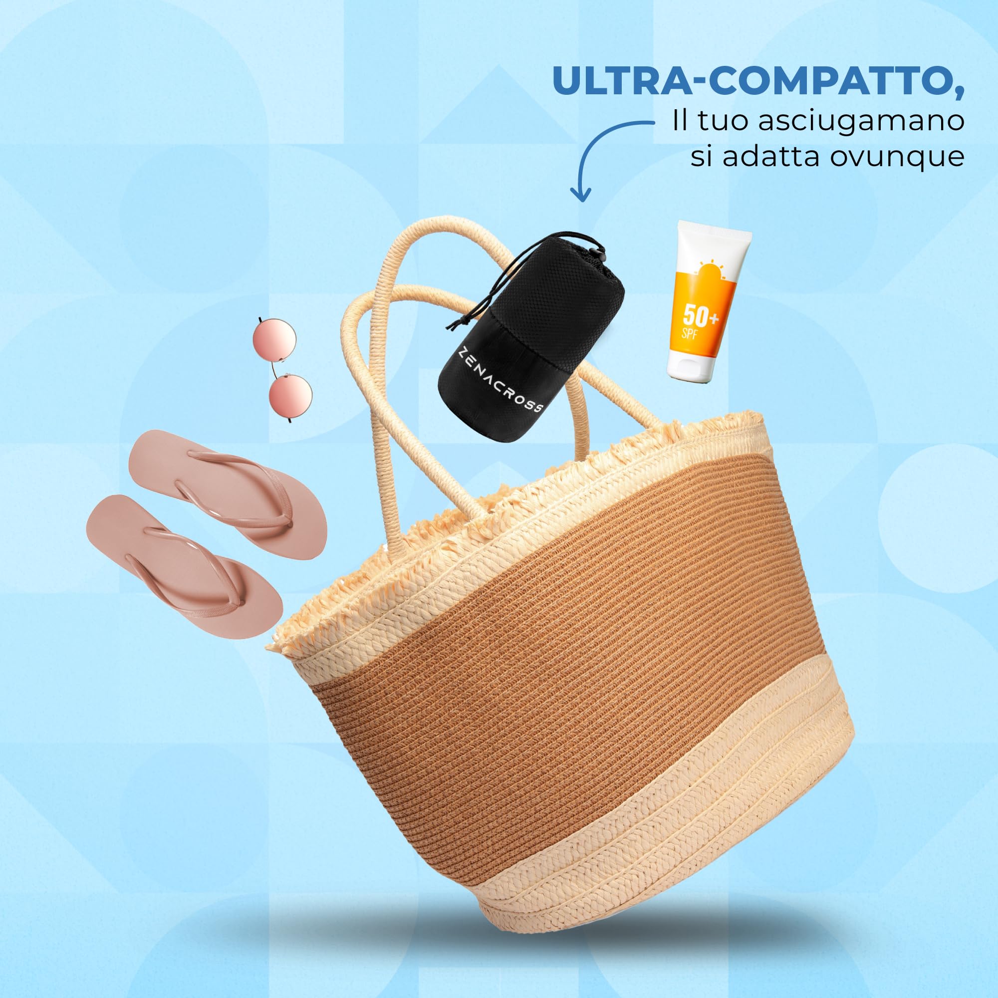 Zenacross Asciugamano Palestra con Borsa per il Trasporto - Asciugamano Microfibra a Rapida Asciugatura e Versatile - Telo Palestra Taglie XL - 180 x 90 cm - Nero