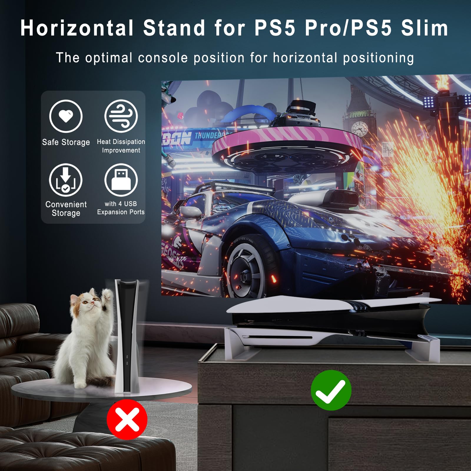 Soporte Horizontal para Consola PS5 Pro/PS5 Slim con Puerto USB Ampliado, Soporte Base de Accesorio para Playstation 5 Pro/ Slim Disc & Digital Edition con Almohadillas Antideslizantes (con USB)