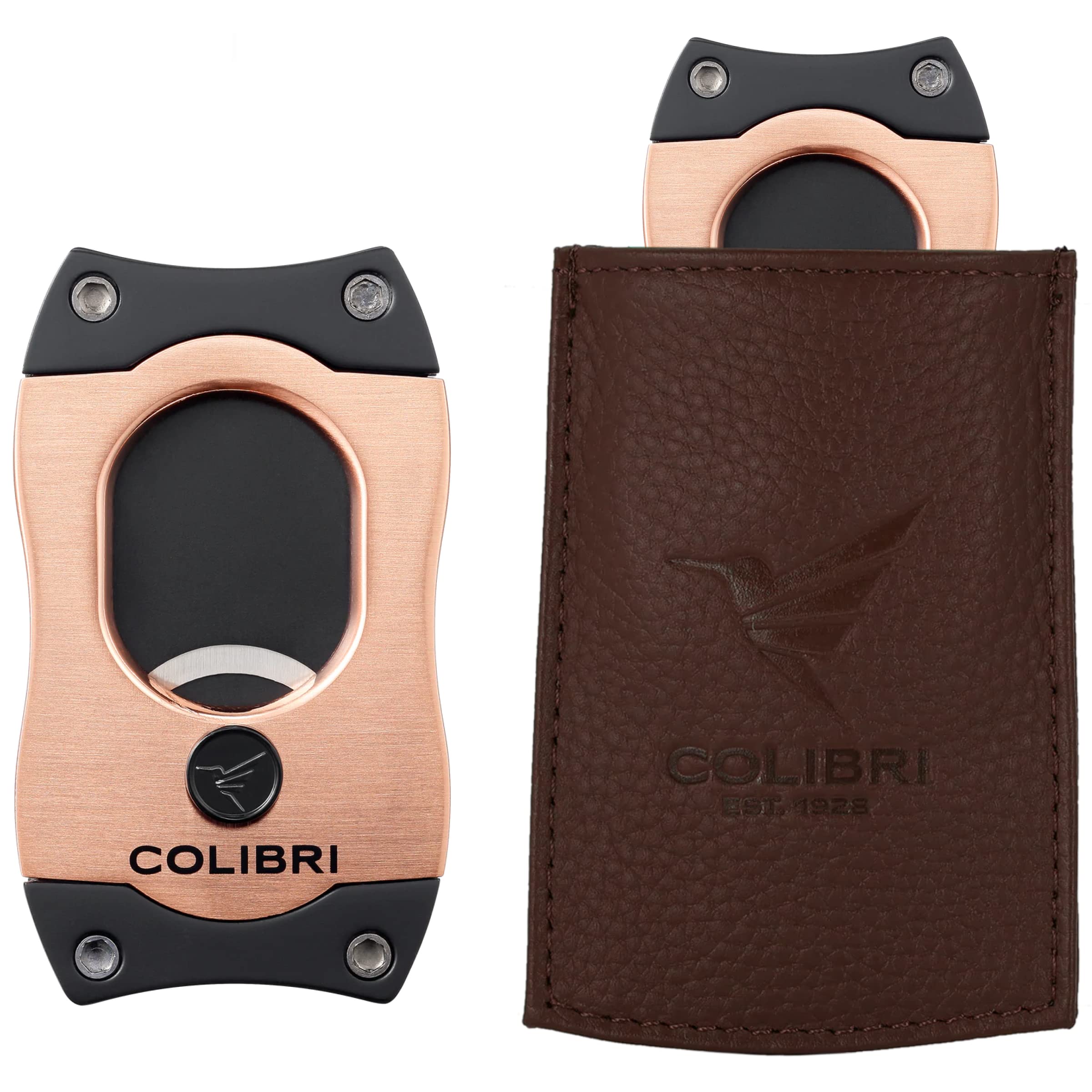 Colibri S-Cut Cigar Cutter (Black & Rose Gold) + Leather Carrying Case for Cigar Lighters & Cutters (Brown)