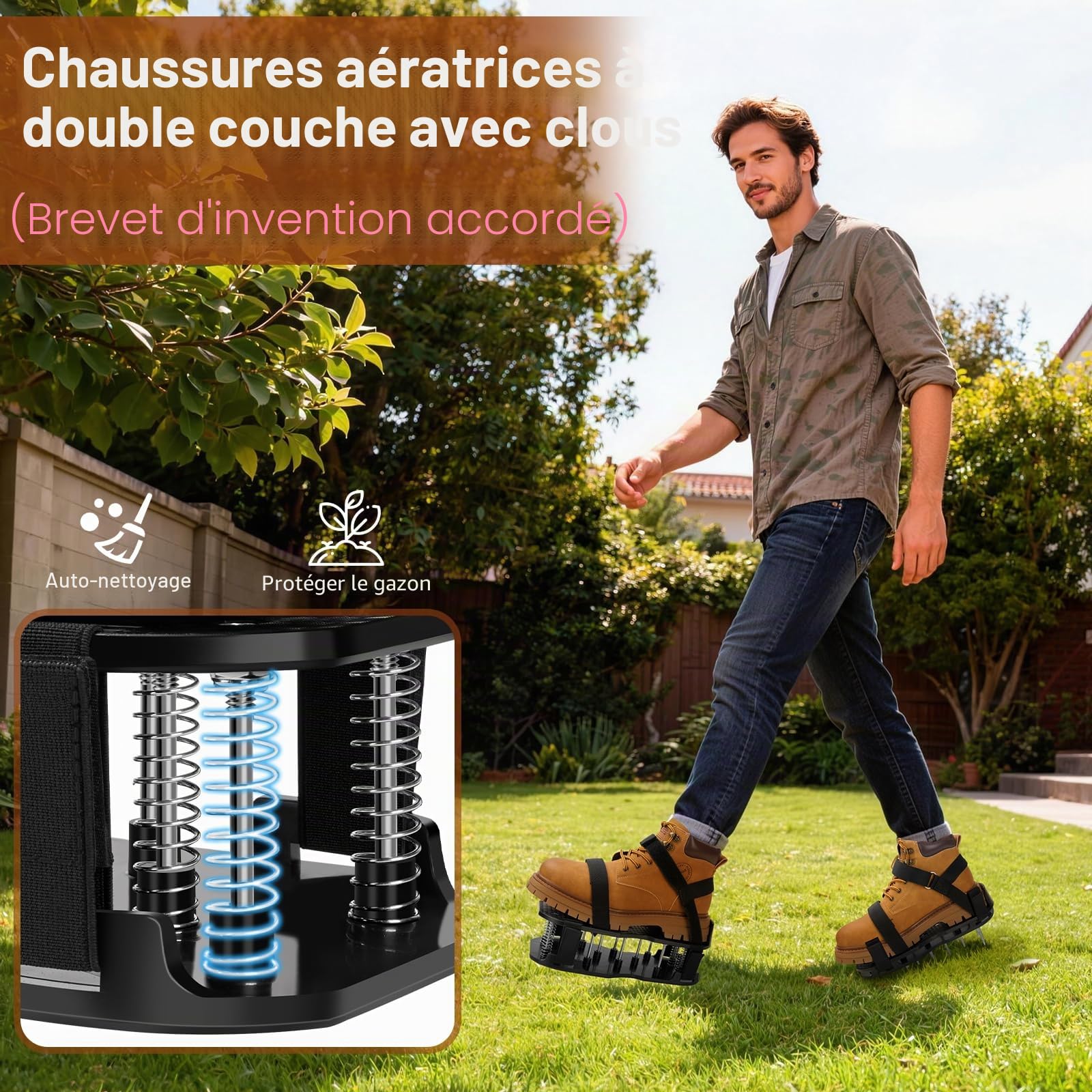 Aérateur Pelouse Chaussures, Scarificateur Gazon Préinstallés, Double Couche, Clous Longs et Sangles Réglage à Fermeture, Durables et Autonettoyantes pour Terrasses Jardin Sol Pelouses