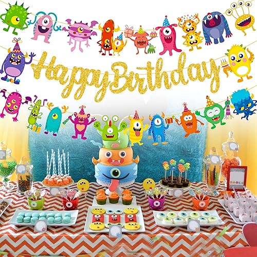 Miniatura 6 de Cartel de monstruo de feliz cumpleaños, suministros de fiesta de cumpleaños con purpurina para niños, tema de monstruo pequeño, baby shower,