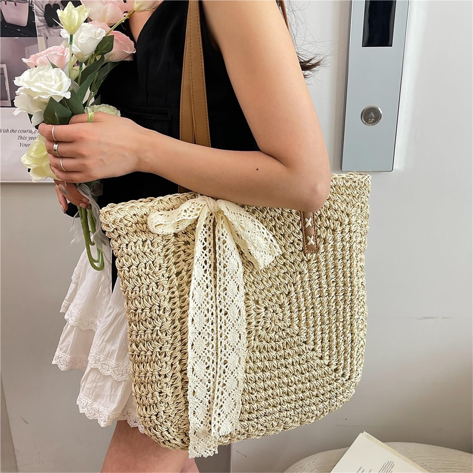 borsa donna estiva Borsa for la spesa a spalla intrecciata in paglia casual da donna di grande capacità spiaggia