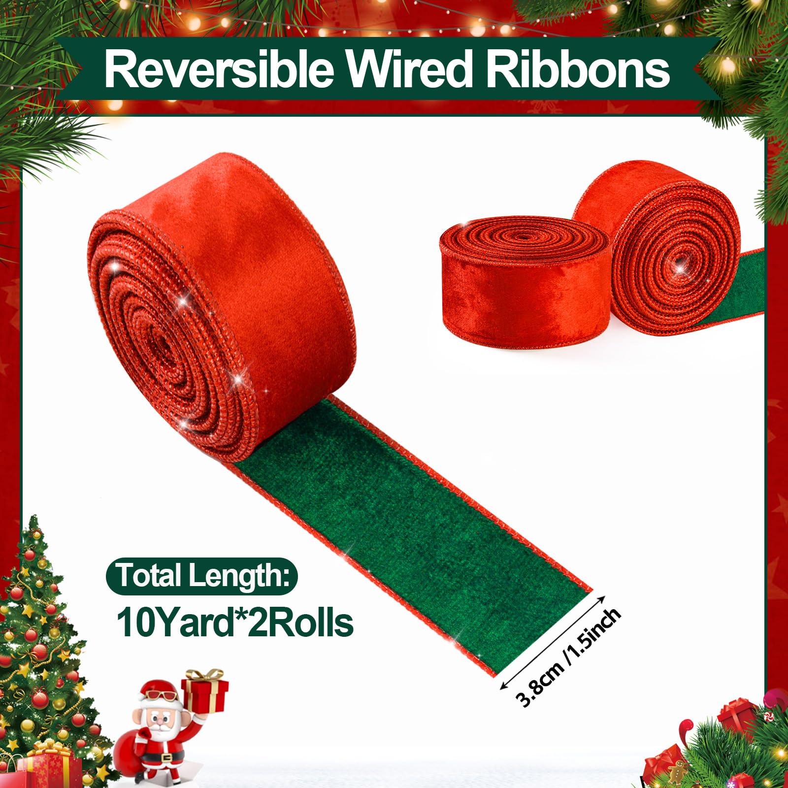 Lot De 2 Rouleaux De Ruban En Velours Rouge Et Vert Pour