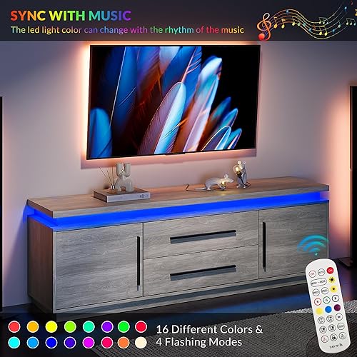 Miniatura 21 de BELLEZE Soporte de TV de 67 pulgadas para TV de hasta 75 pulgadas, moderno centro de entretenimiento con luces LED que cambia a la melodía de la