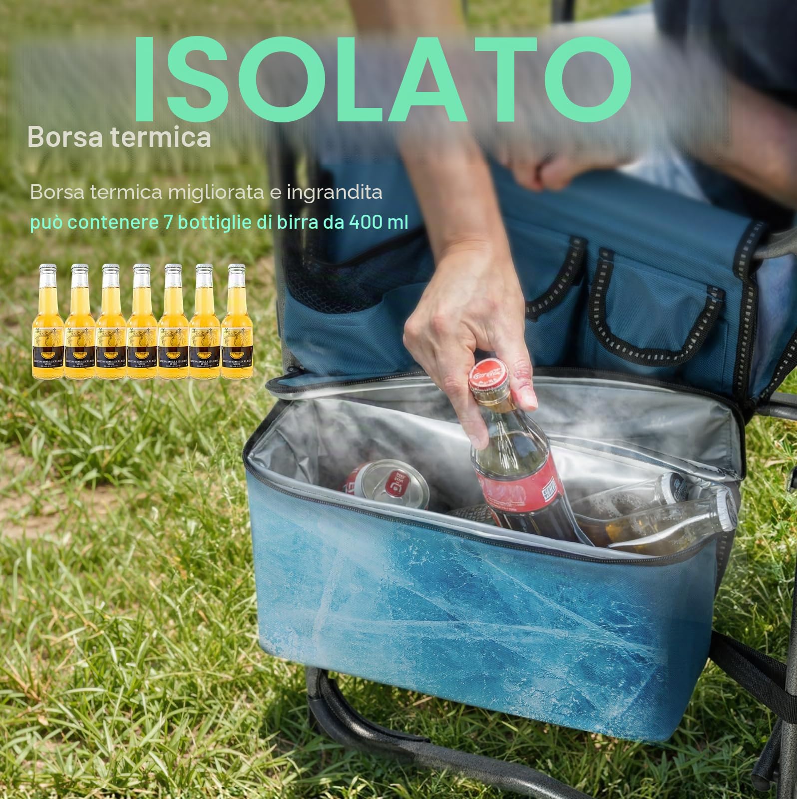 OVERMONT Sedia da Regista XL Pieghevole - Sedia da Campeggio con Tavolino Laterale Termica- Capacità di Carico Fino a 180 KG - per Campeggio Festival Della Pesca All'aperto Grigio-blu