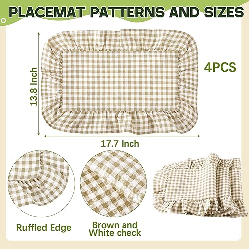 Miniatura 2 de Frienda Juego de 4 manteles individuales rectangulares con volantes, manteles individuales festoneados a cuadros marrón claro de 13.8 x 17.7