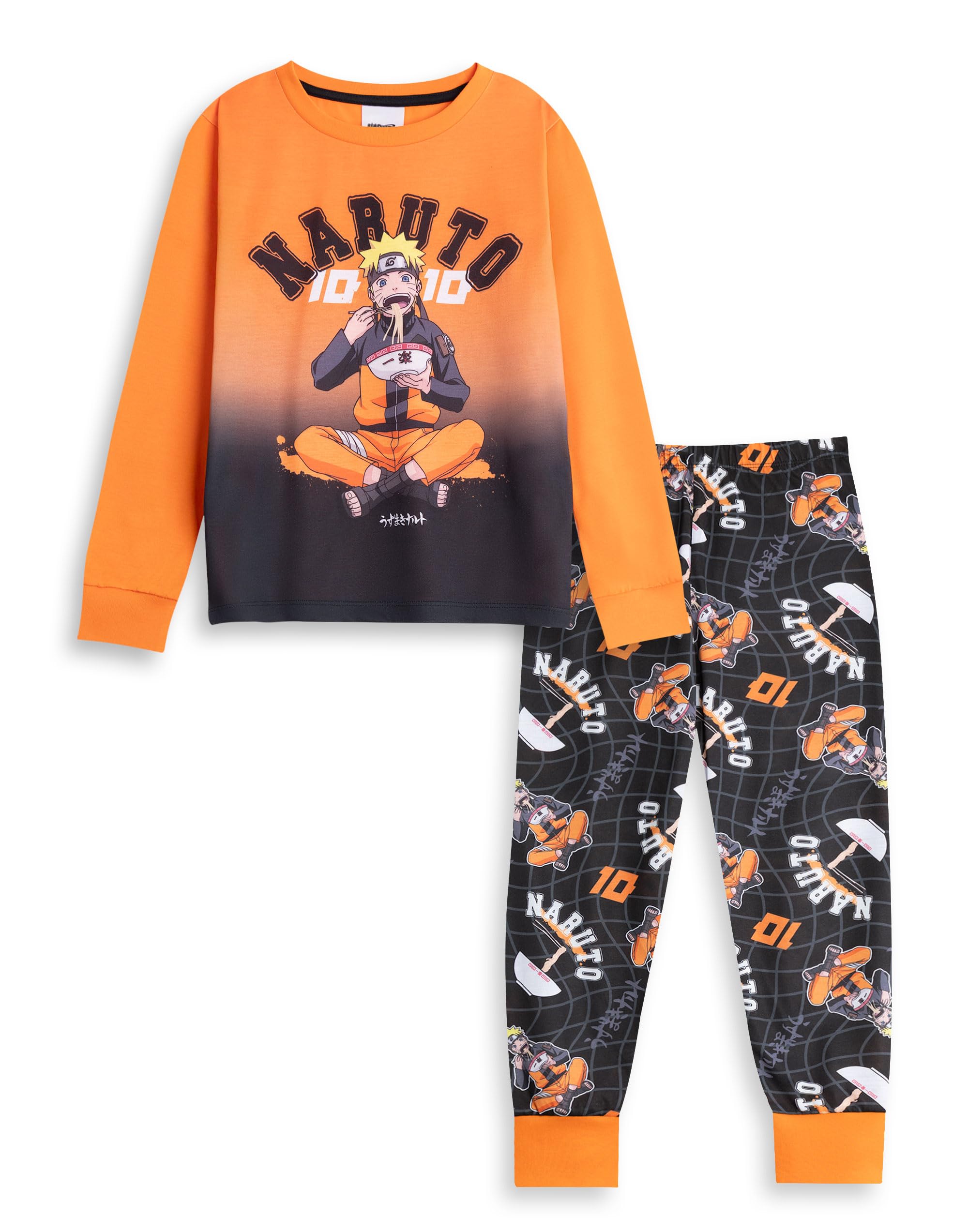 Vanilla Underground Boys Multicoloured Naruto Orange And Black Long Sleeve Long Leg Pyjama Set | Crew Neck Sleepwear With Naruto Graphic | Retro Cartoon Nightwear For Kids | Naruto Merch