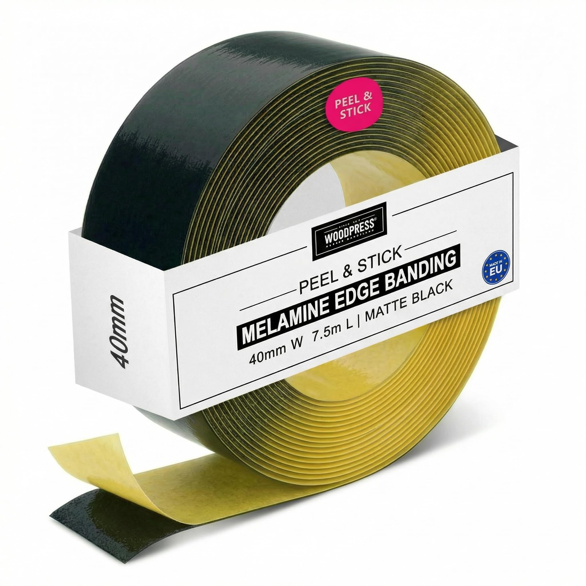 WoodPress® 40mm Matt Black Peel & Stick Edging Tape - 7.5m Self-Adhesive Melamine Trim - Veneer Strip w/Sticky Backing - Easy DIY Fix (No Iron On) Edge Banding for Repair to Worktop, Shelf, Cabinet