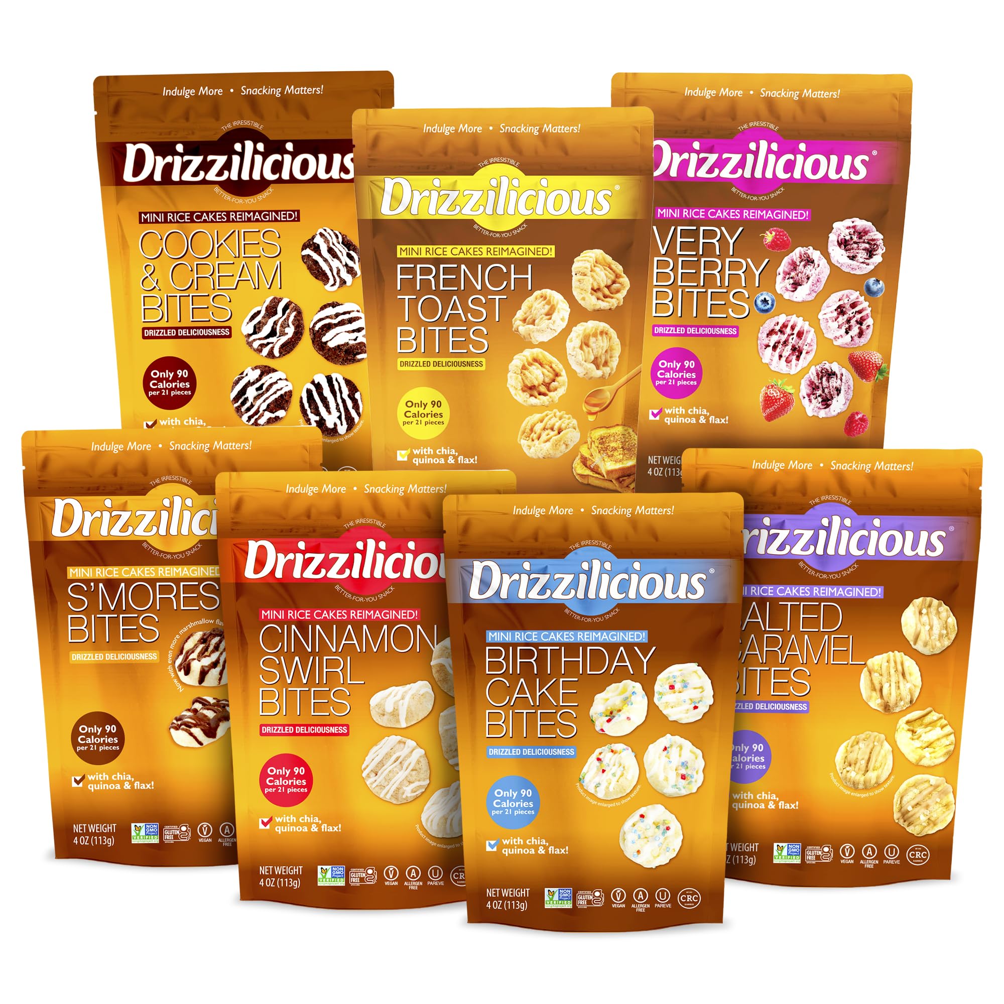 Drizzilicious Mini Rice Cake Bites Variety Mix, 113g Per Bag, Pack of 7