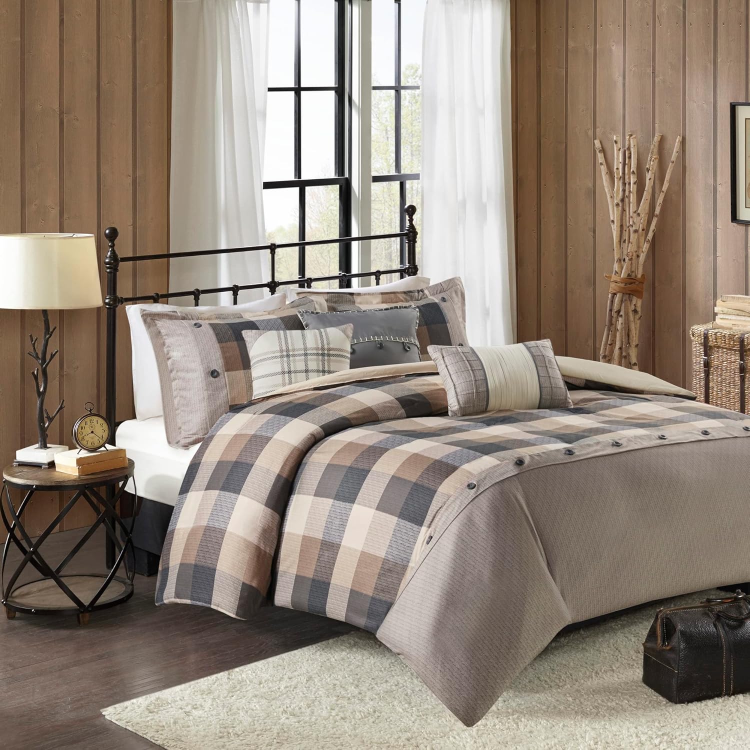 Madison Park Ridge Duvet Set - Cabin Lodge Plaid Herringbone Design, Button Accent, All Season Bedding Cover for Comforter, Matching Shams, Embroidered Decorative Pillow, Full/Queen Neutral 6 Piece