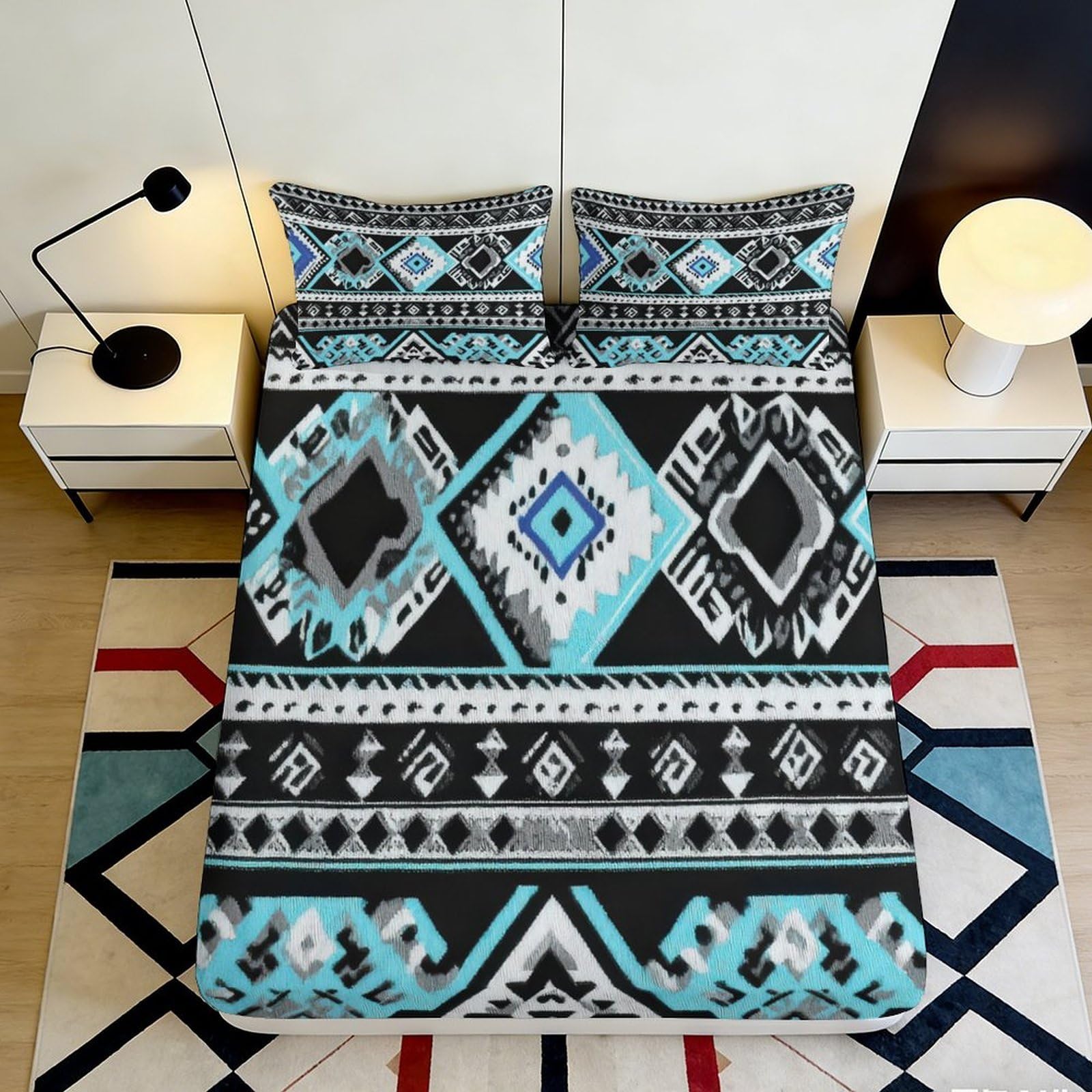 3D Printed Aztec Geometric Fitted Sheet Microfiber Soft Black Blue Tribal Mattress Cover Bedroom Decor 160x200x25cm