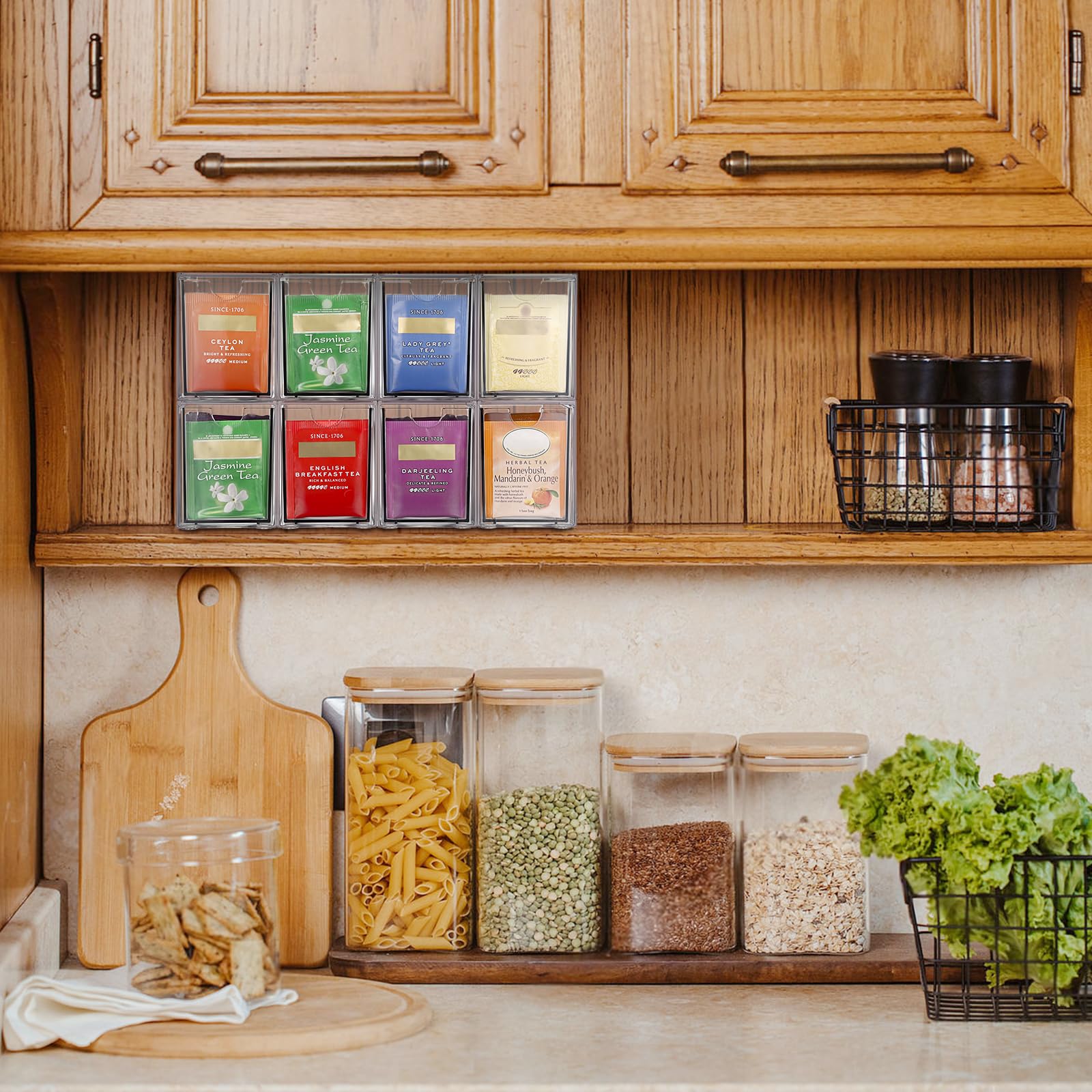ELLDOO Organiseur de sachets de thé à 8 tiroirs, en acrylique transparent empilable, support de rangement pour sachets de thé de cuisine, garde-manger, rangement pour dosettes de café, collations pour