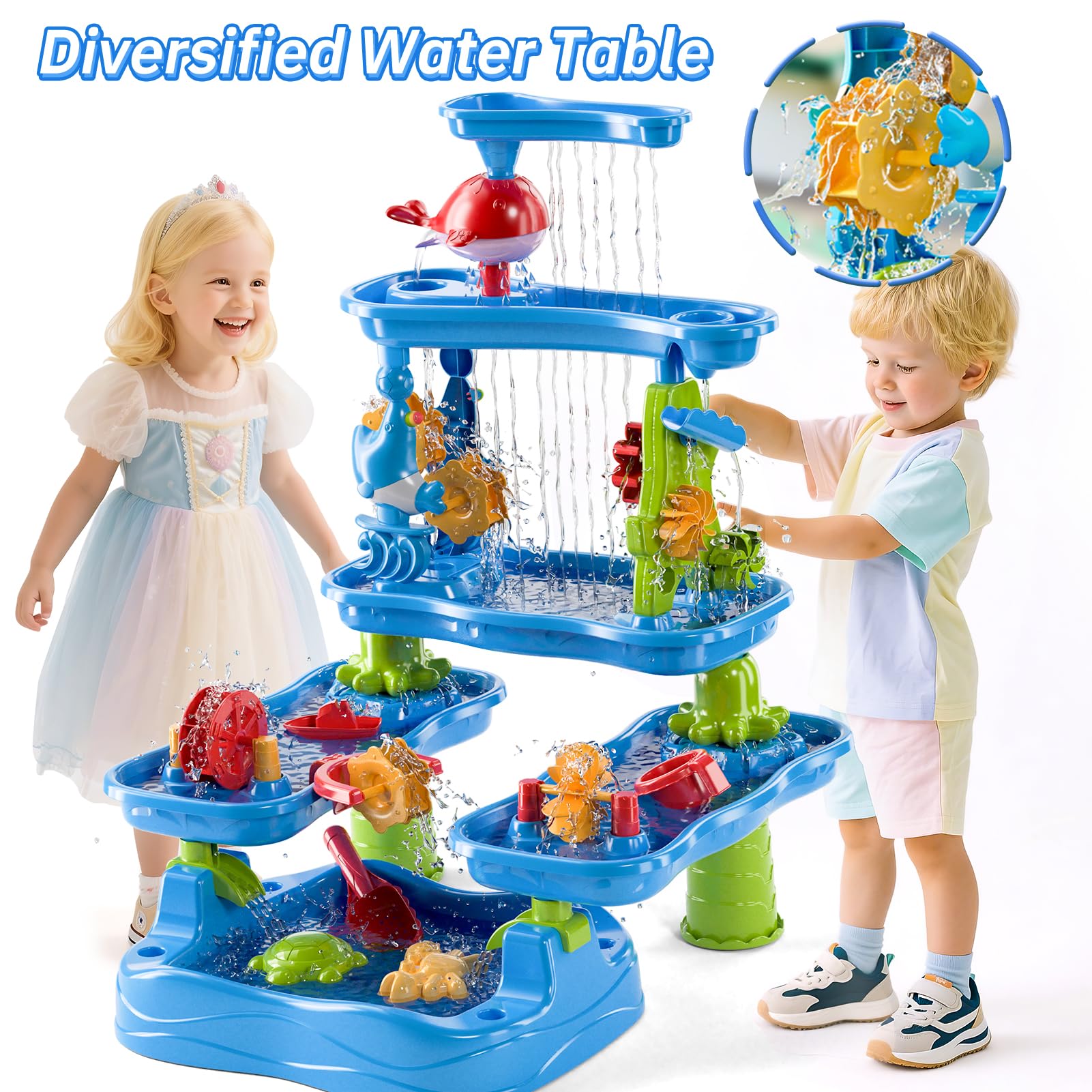 5-stufiger Sand- und Wassertisch, Outdoor Sensorik Spielset für Kinder, Sommer Strandspielzeug für Kleinkinder 2-3 4-8 Jahre, Wassertisch mit Zubehör für Jungen Mädchen