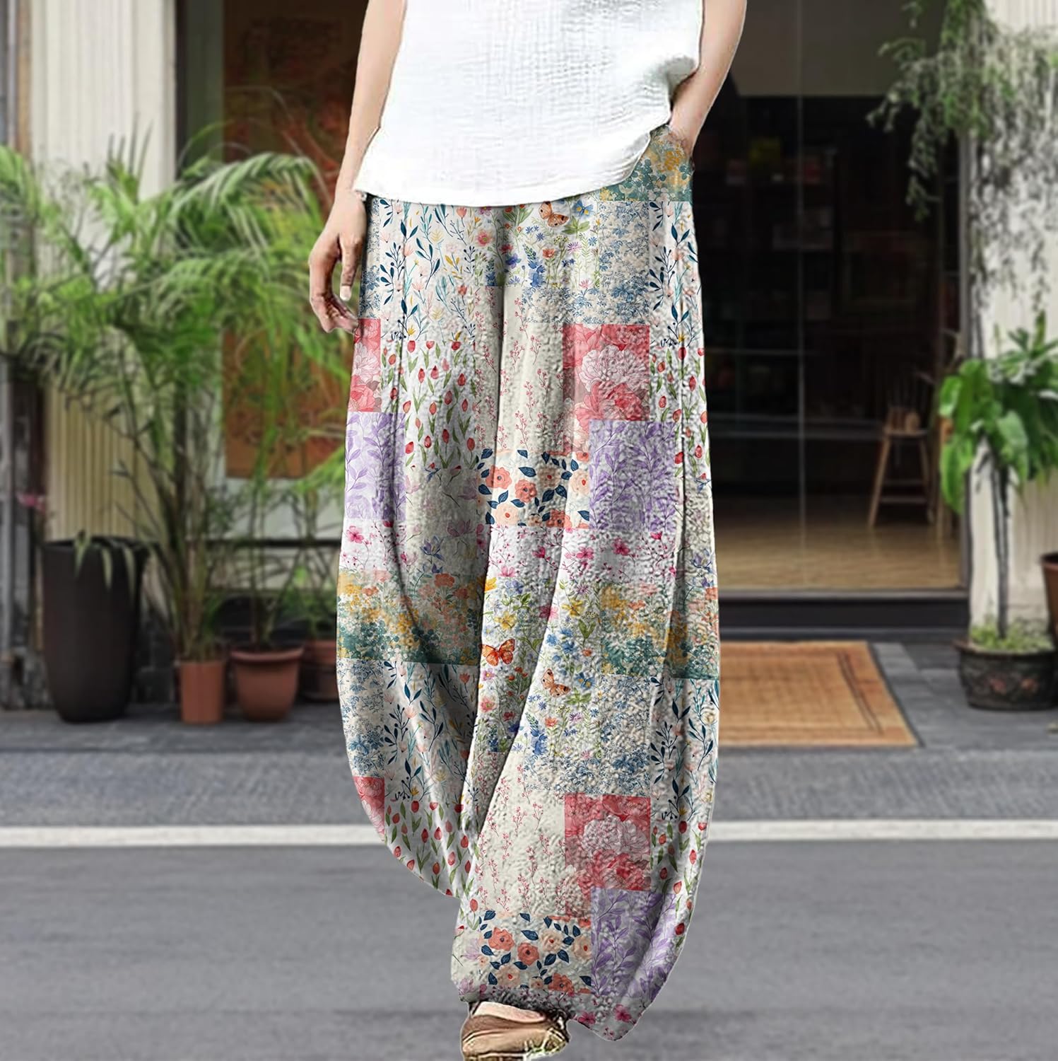 Wide Leg Patchwork Pants for Women Dressy Casual Palazzo Pants Plus Size Elastic Waist Lantern Harem Pants - Image 2