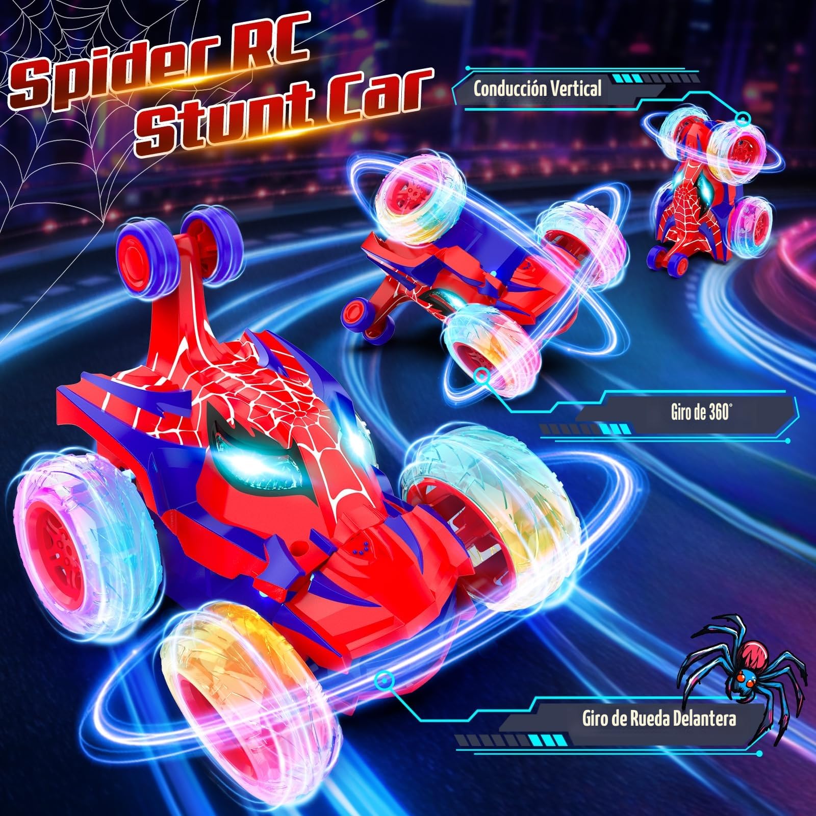 Coche Teledirigido Spider, 2.4Ghz Radiocontrol Monster Truck con Luces RC Juguetes Niños Niñas 3 4 5 6 7 8 9 10 11 12 Años, 360° Carro Telecomandado Infantiles Regalos Cumpleaños Navidad