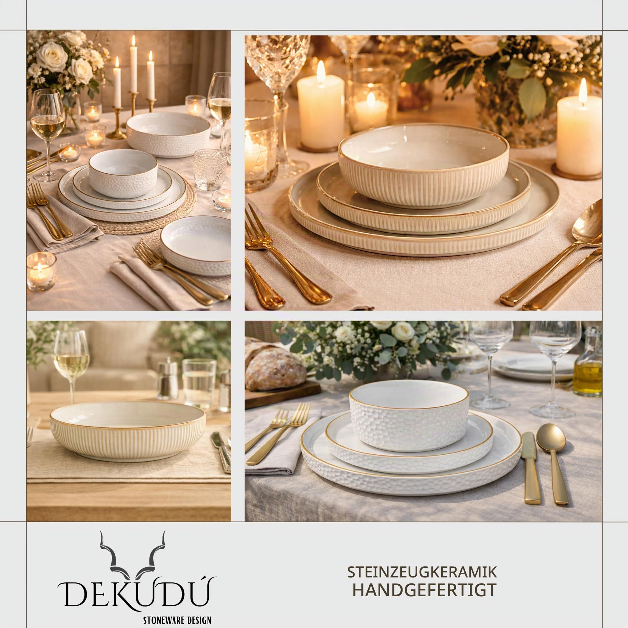 DEKUDÙ Frühstücksteller Dessertteller kuchenteller Steingut Teller set - Handgefertigt - Hochwertiges Steinzeug- 6 Stück - Ø 20 cm - Geschirr Set - Spülmaschinen Mikrowellen Kratzfest