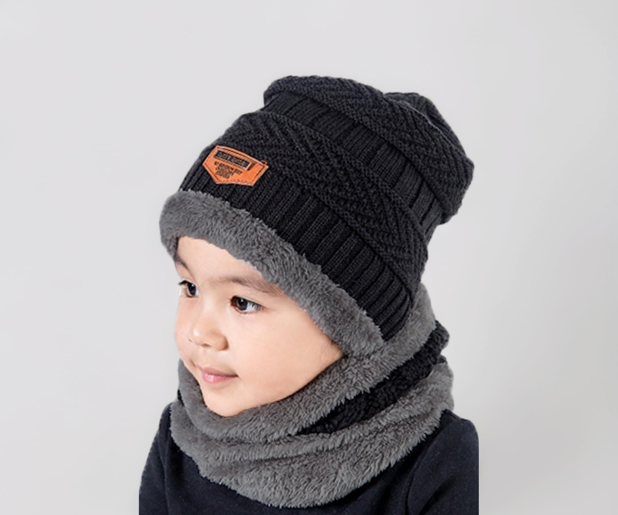 2Pcs Kids Winter Knitted Hats+Scarf Set Warm Fleece Lining Cap for 5-14 Year Old Boys Girls Black
