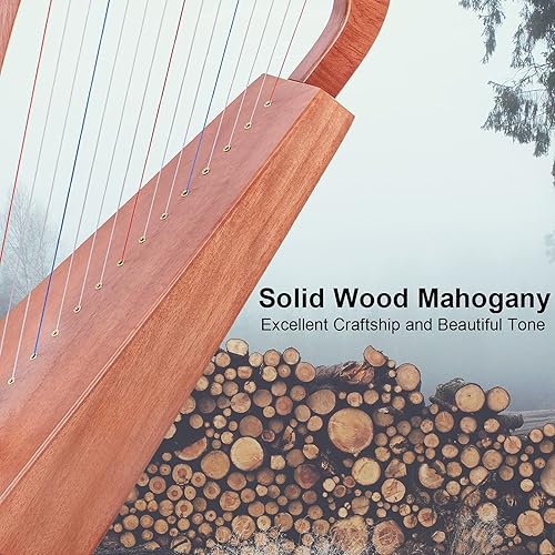 Miniatura 6 de Harp, AKLOT - Arpa de caoba de 15 cuerdas de 22 pulgadas de altura para adultos profesionales principiantes con llave de afinación, bolsa de