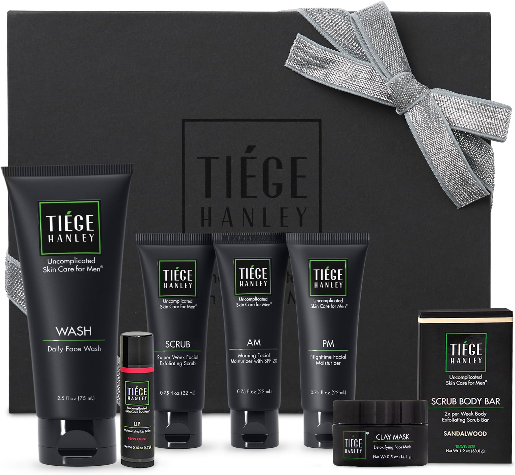 Tiege Hanley Mens Skin Care Gift Box Set, Silver - Men's Skincare Set Includes Face Wash, AM & PM Facial Moisturizer, Face Clay Mask & Scrub, Body Scrub Bar, & Moisturizing Lip Balm