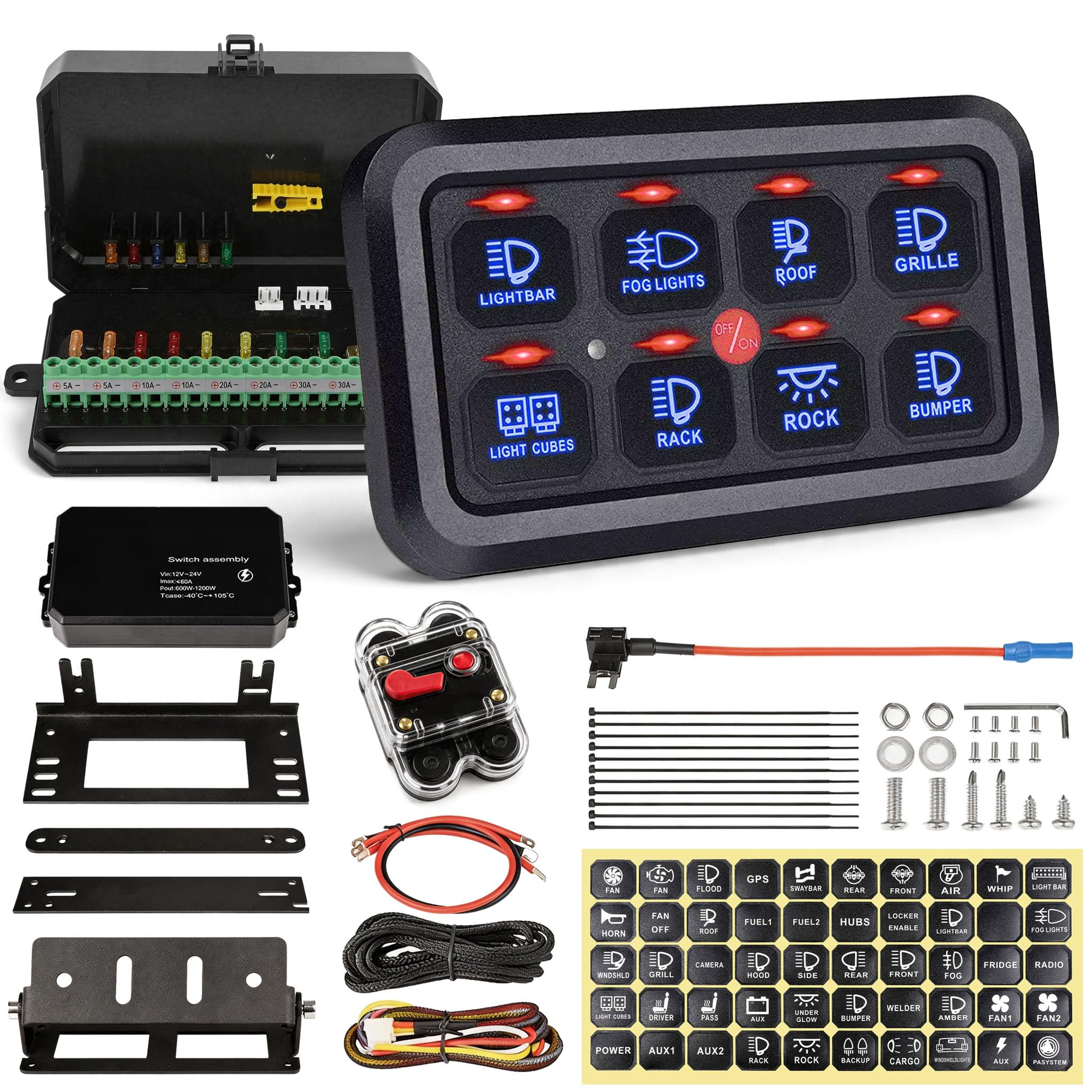 8 Bandas Panel Interruptores 12/24V, Sistema de Relé de Control de Circuito Universal con Paneles Interruptor Táctil Regulables RGB de Siete Colores para Coche Camión SUV Autocaravana Barco RZR