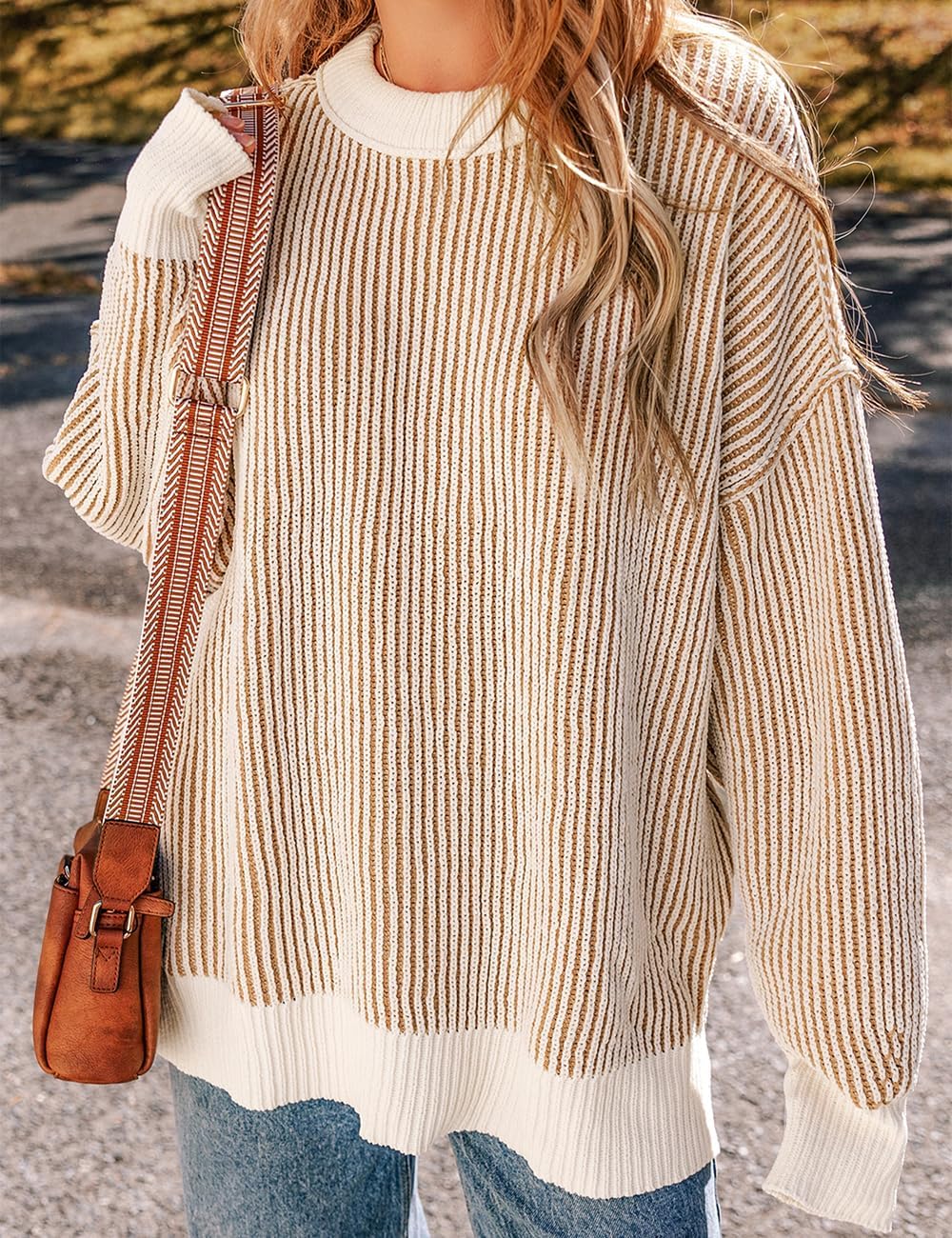 Ecosunny Womens Sweaters Striped Color Block Casual Long Sleeve Crewneck Loose Knit Pullover Sweater Shirts Fall Fashion - Image 3