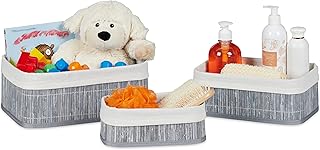 Relaxdays 10021173_111 Boîte de rangement en bambou lot de 3 rectangle paniers ouverts HxlxP 13 x 30 x 20 cm revêtement tissu, gris, 8 x 21,5 x 12 cm