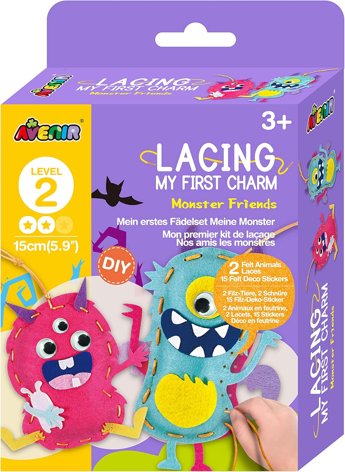Avenir | My First Lacing | Charm Monster Friends | First Sewing for Ages 3+ | Develop Sewing and Stitching Skills, Multi Colours