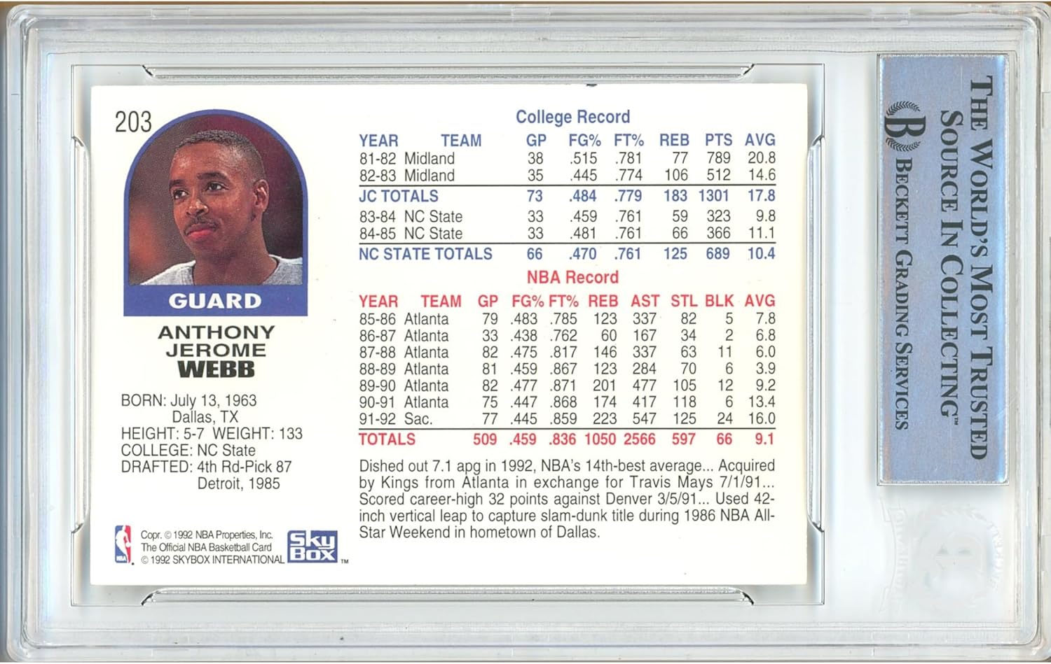 Spud Webb Autographed 1992 1993 Hoops #203 Basketball Trading Card Slab Beckett BAS Authentic Slabbed COA Played For Sacramento Kings NBA