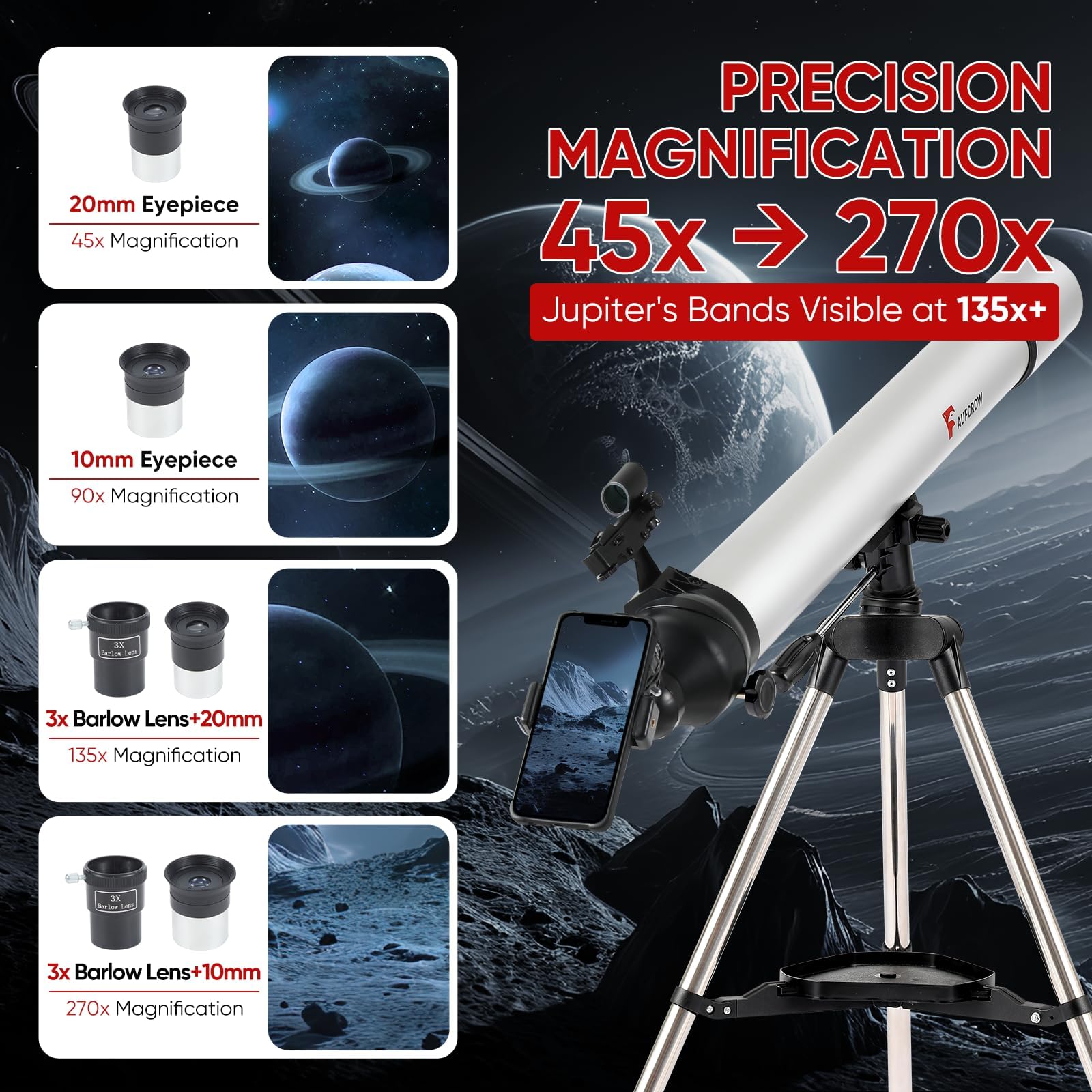 Telescopio per adulti Telescopi astronomici ad alta potenza con apertura da 80 mm con lunghezza focale di 900 mm 270X Telescopio rifrattore professionale treppiede in acciaio inossidabile