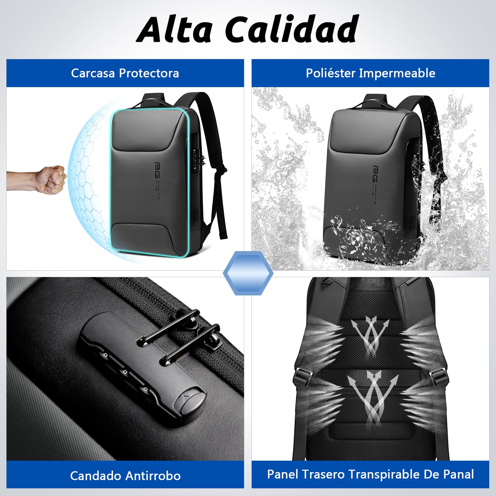 VARLIVOO Hombre Mochila USB Port Estudiante Mochila 15,6" Portátil Universitaria Anti-Robo Contraseña Cerradura Mochila de Hombre Trabajo Viajar Colegio Impermeable Polyester Gris