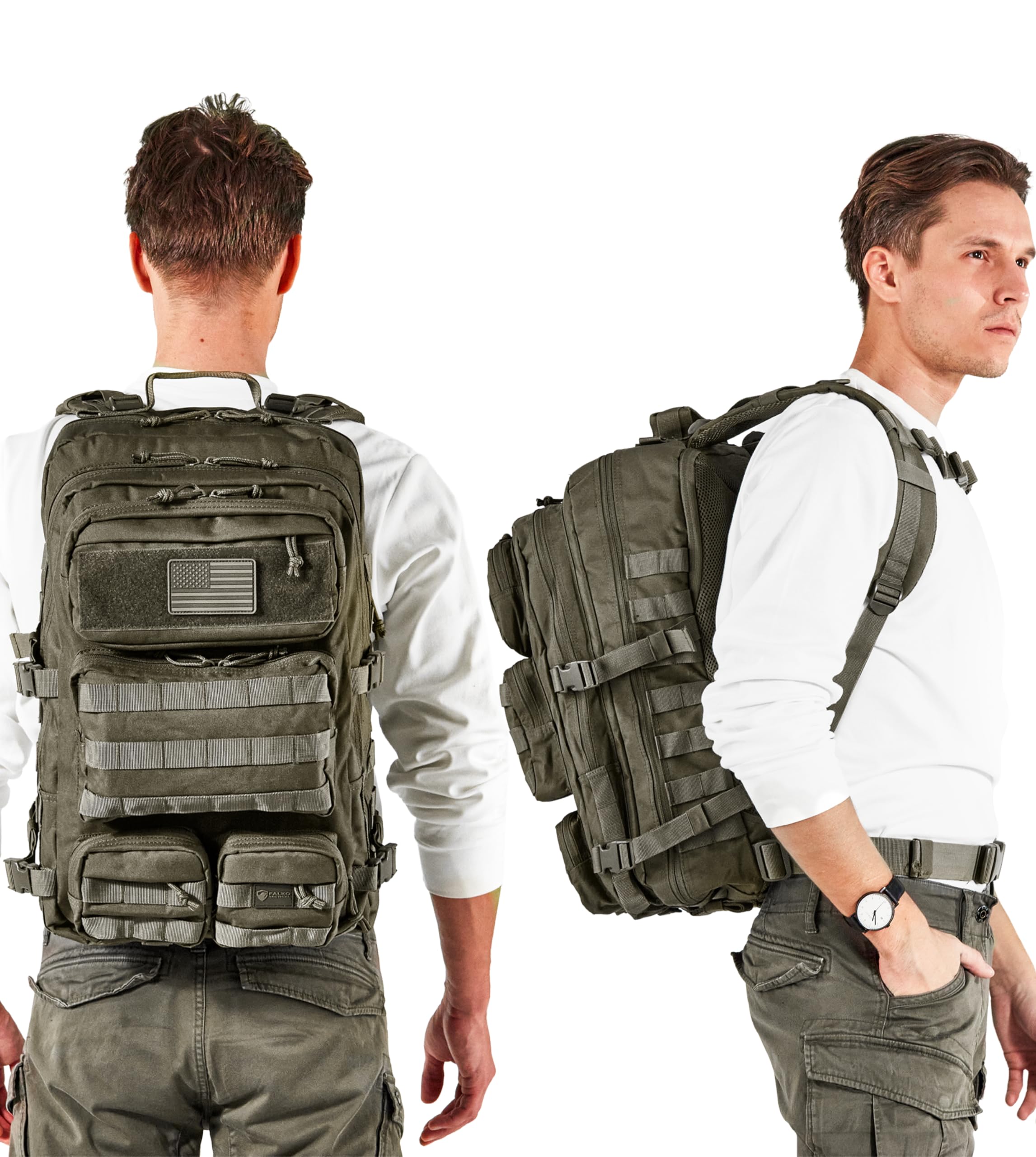 Falko, Zaino tattico per uomo e donna, 50 litri, 2,4 volte più resistente, grande zaino militare Molle, zaino di sopravvivenza per attività all'aperto, Ranger Green, Large