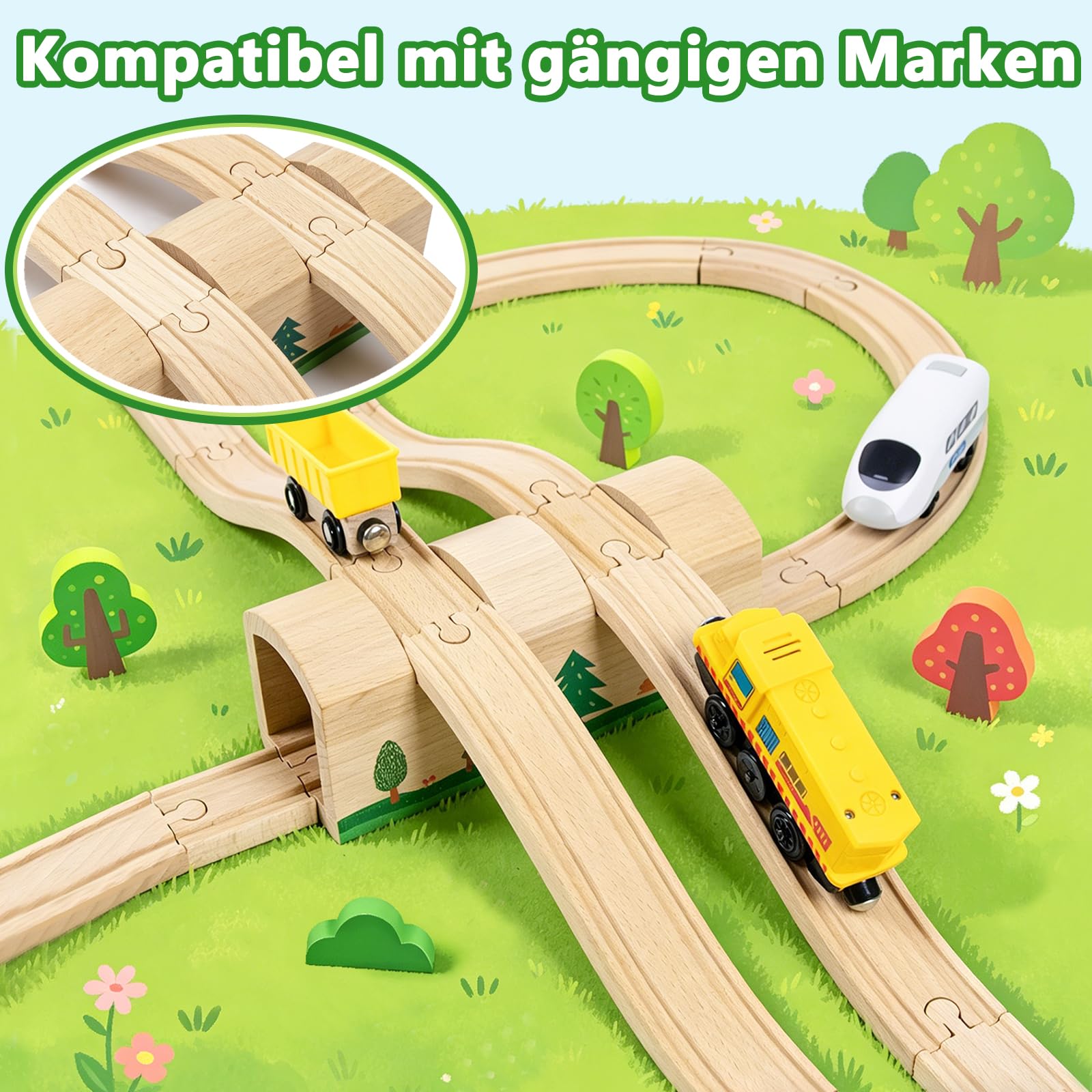 Ensemble tunnel et pont en bois avec rails en S, accessoires de pont de chemin de fer en bois, compatible avec les principales marques de chemins de fer, jouets pour enfants à partir de 3 ans (animaux
