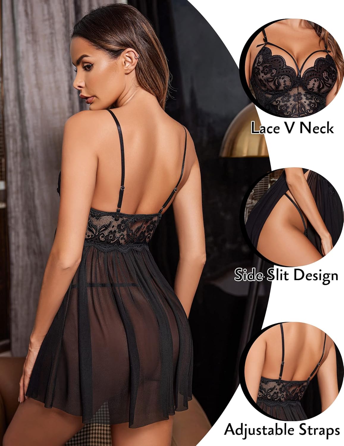 Avidlove Sexy Lingerie for Women Lace Babydoll Strap Chemise Nightgown V Neck Sleepwear Mesh Side Slit Nighty - Image 4