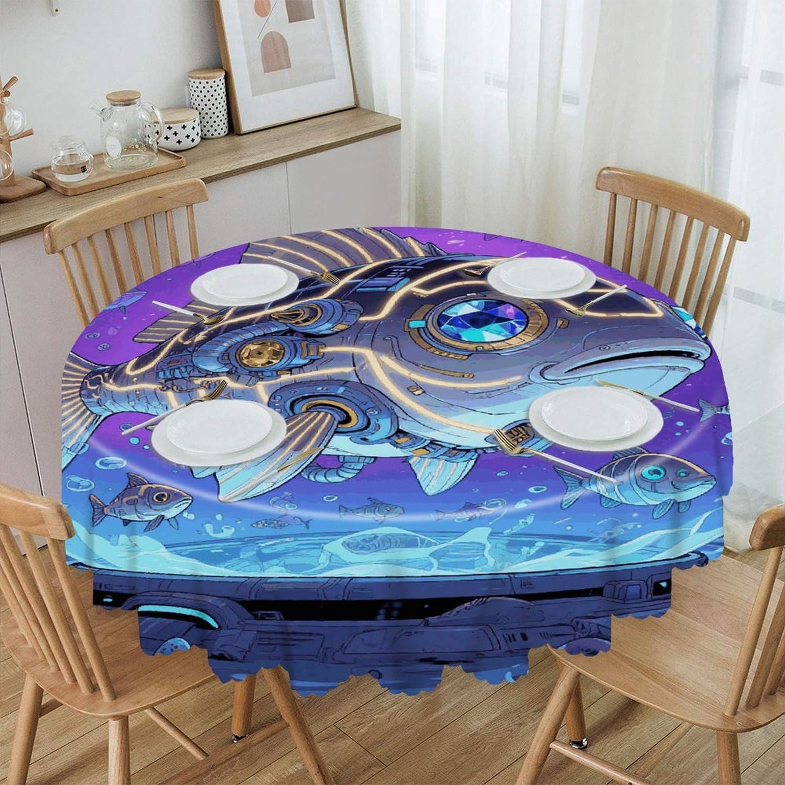 VstaDank Fish Round Tablecloth Wipeable Round Polyester Tablecloth Waterproof Wrinkle Free Indoor and Outdoor Table Cover 60 Inch Decorative Farmhouse Table Cloth for Dining