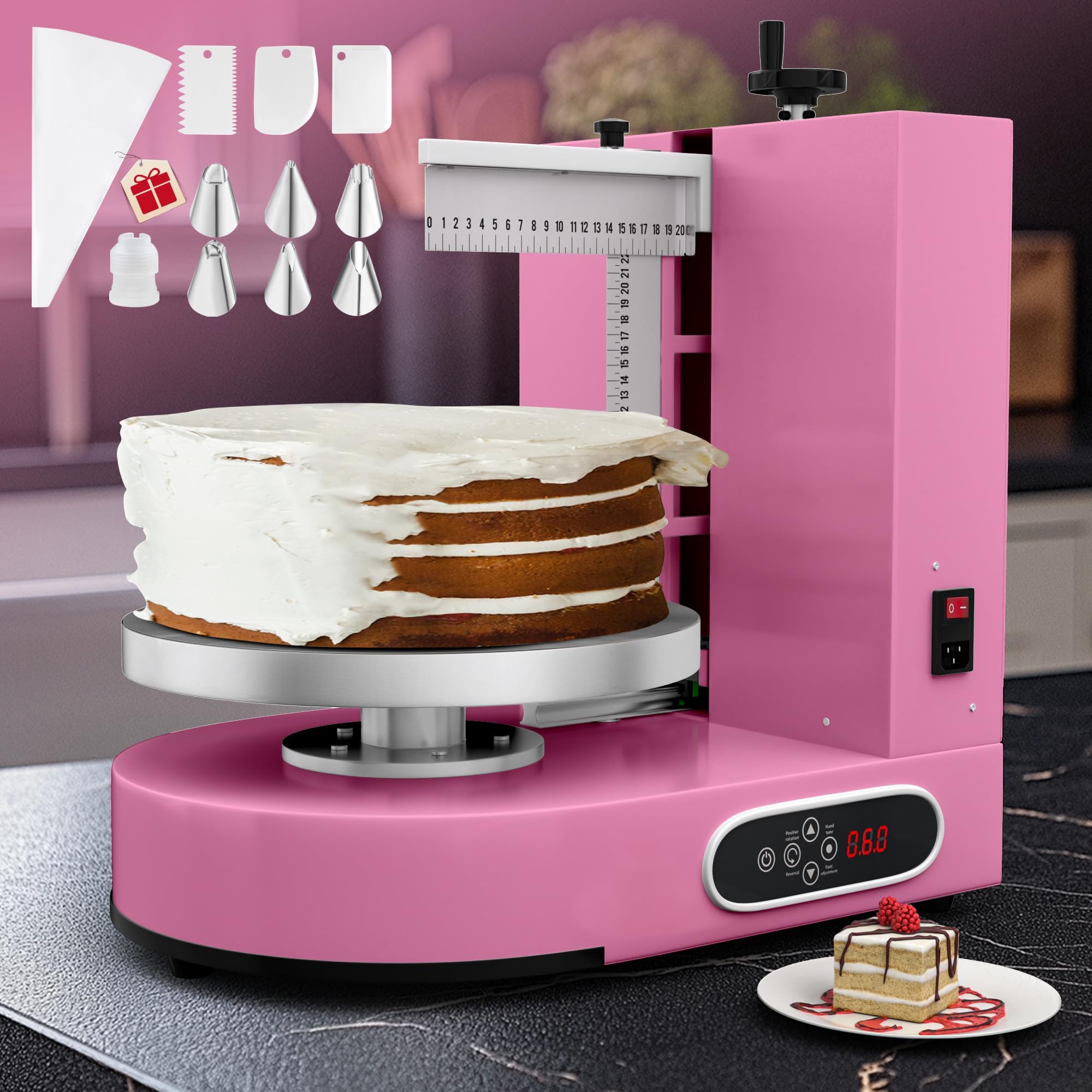 PYY Cake Icing Machine - 4-12 Inch Automatic Cake Cream Spreading Machine for Cake Decorating Machine 60-322 RPM with Graduated Scrapers Electric Cake Turble Pink