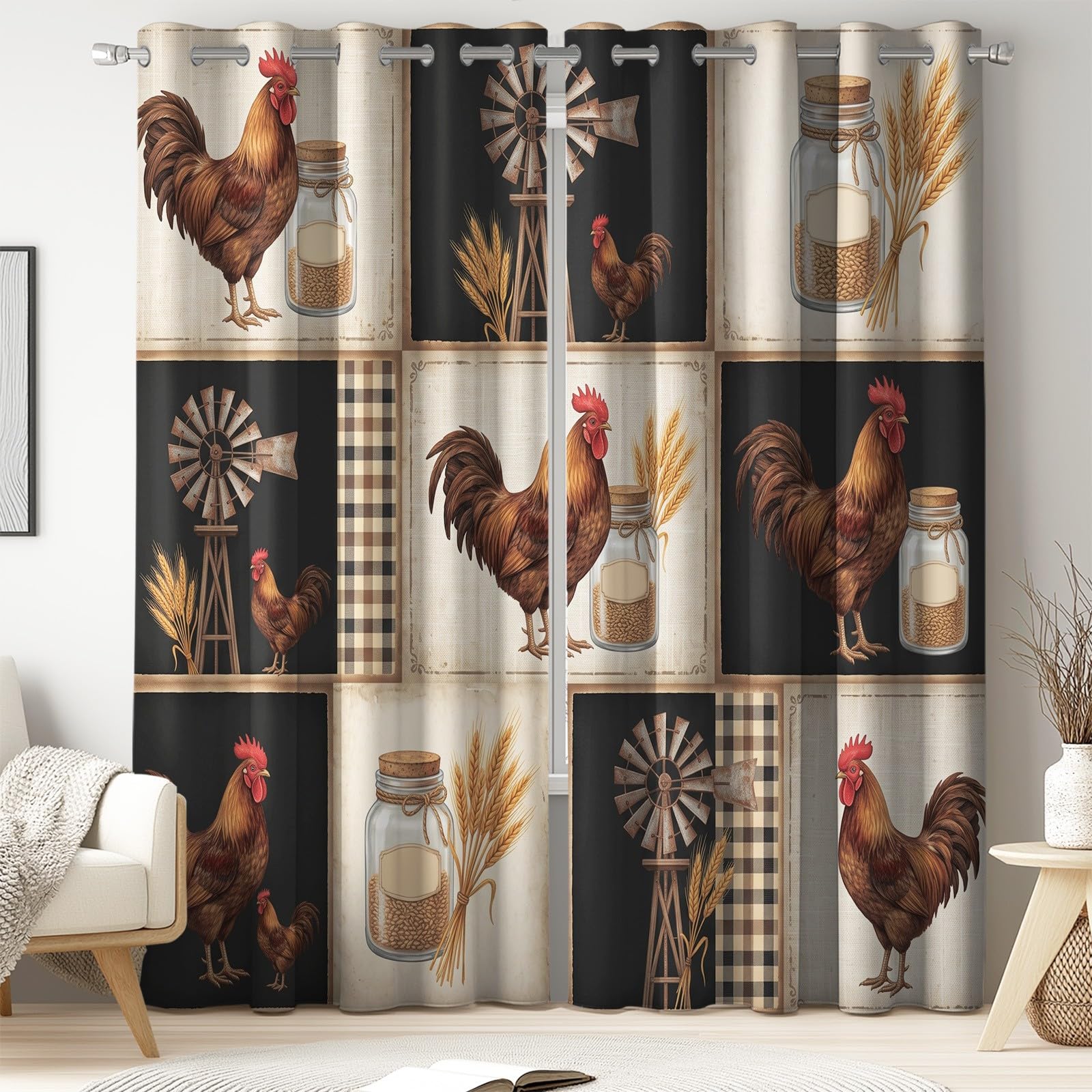 Generisch Vorhänge Wohnzimmer Kariert Landhausstil, Gardinen Blickdicht Hühner Schalldämmend Energiesparend, Thermo Sichtschutz für Privatsphäre Ösen, B 132 x H 160 cm