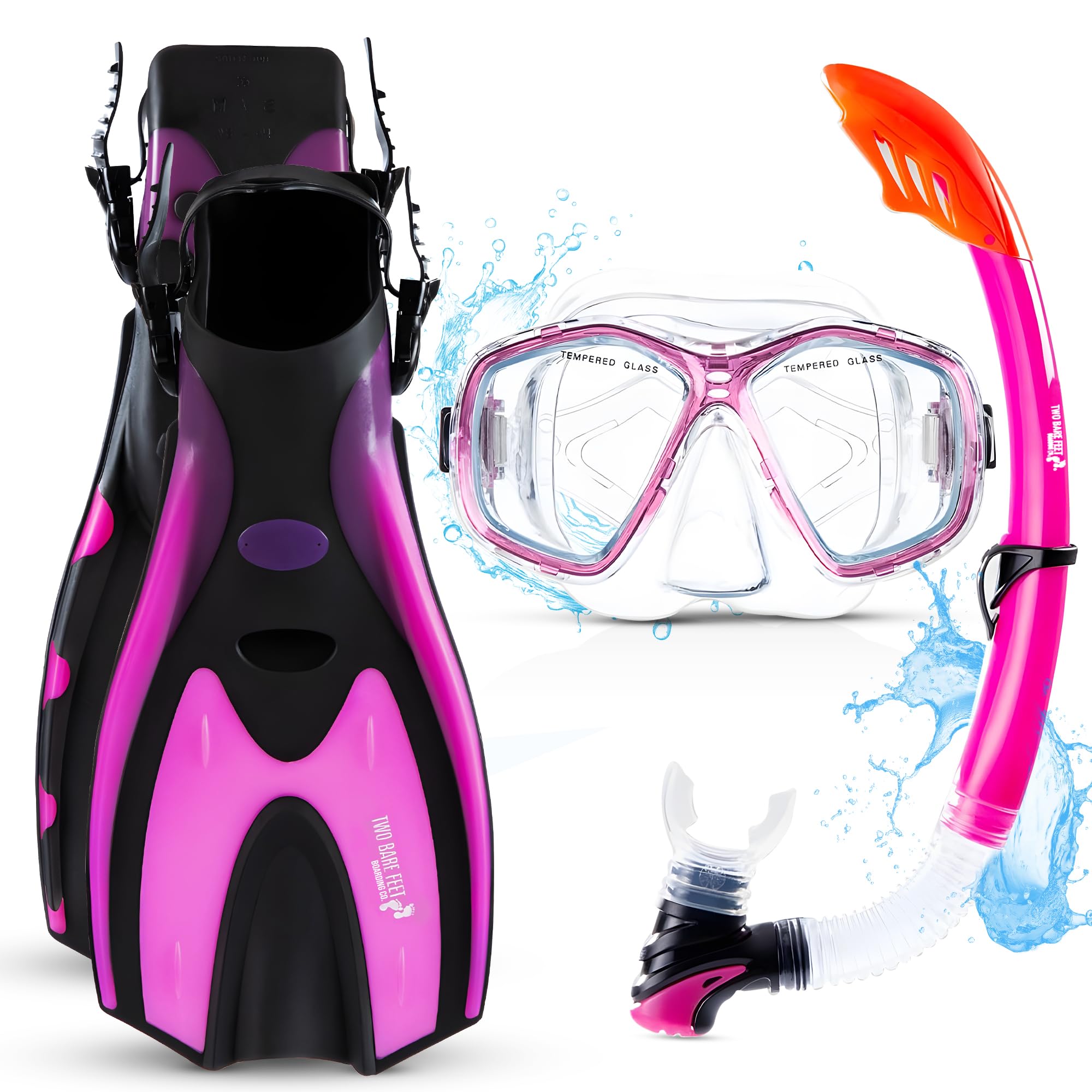 Two Bare Feet Snorkel, Mask and Fins/Flippers PVC Snorkelling Set (Adults) With Anti Fog and Wide View Mask, Anti-Leak, Tempered Glass - Scuba Dive Snorkelling Sets (S/M (UK4.5-8.5), Pink)