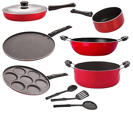 NIRLON Aluminium Non-Stick Coated Oil Free with bakelite Handle Cookware Combo Set - 9 Pieces [26_FP12_KD13_SPM_UP_Cass20_ST12_3SPN]