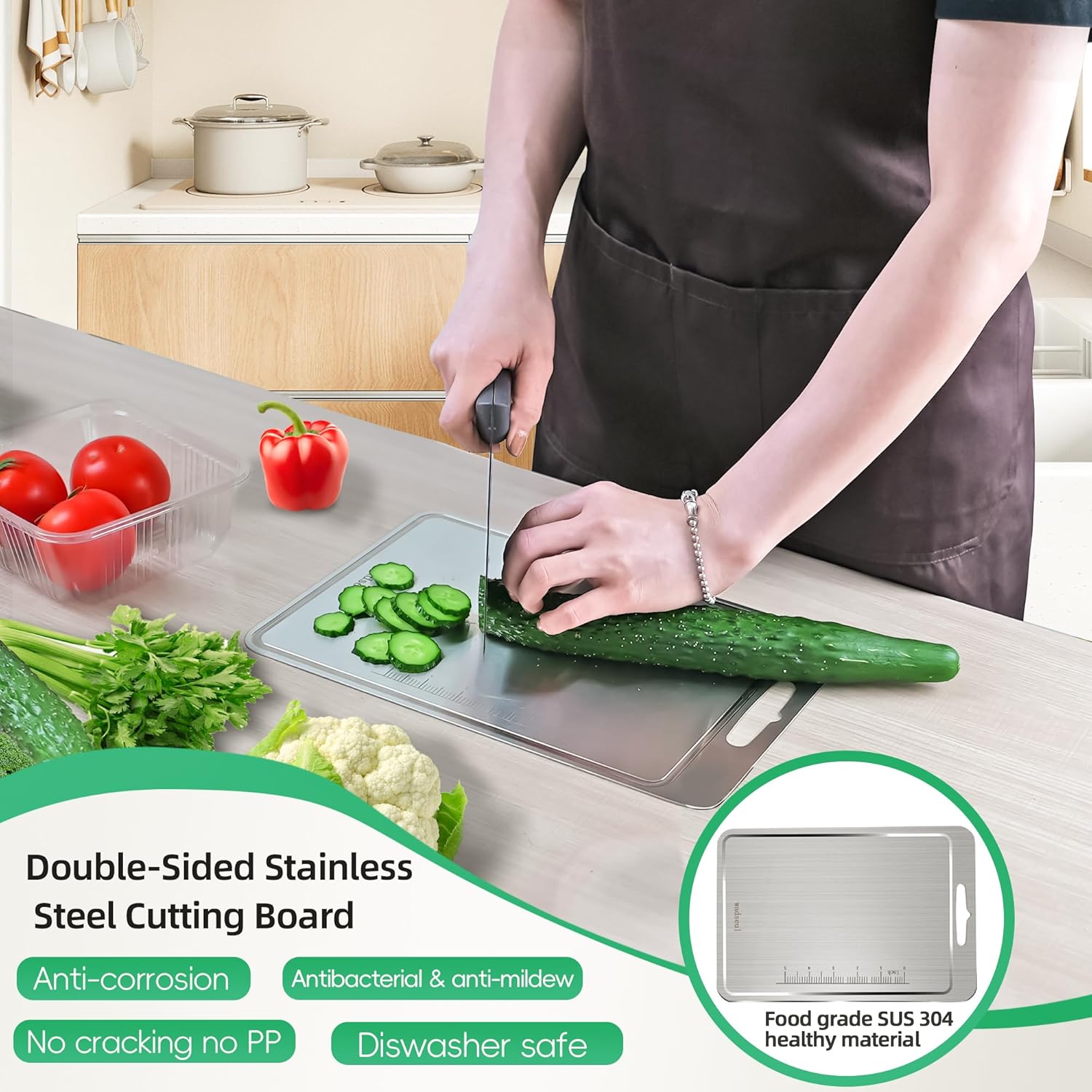 Stainless Steel Cutting Board for Kitchen,Premium Grade 304 Stainless Steel Dishwasher Safe Cutting Boards for Meat Fruit and Vegetable,Portable and Easy to Clean,Smooth Round Edge