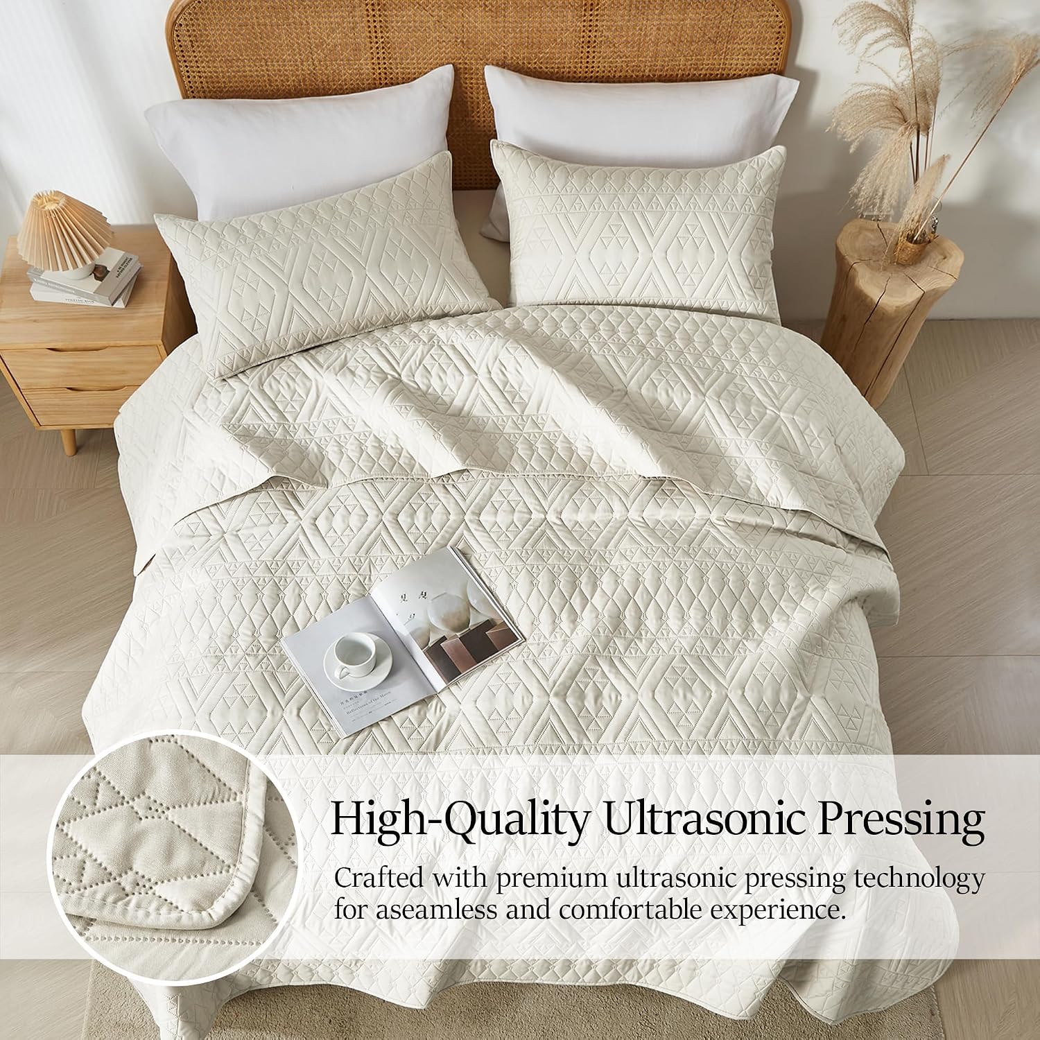 akkialla 118"x106" Cream California King Quilt Set, Oversized Floor-Length Bedspread, Boho Geometric Pattern Microfiber Coverlet, 3-Piece All Season Bedding with 2 Pillow Shams image 5