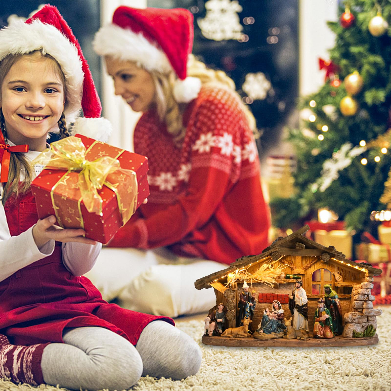 Belén para interiores de 10.2 pulgadas de Navidad, pueblo musical, pesebre, juegos de pesebre, figuras de Navidad de Jesús, decoraciones de Navidad