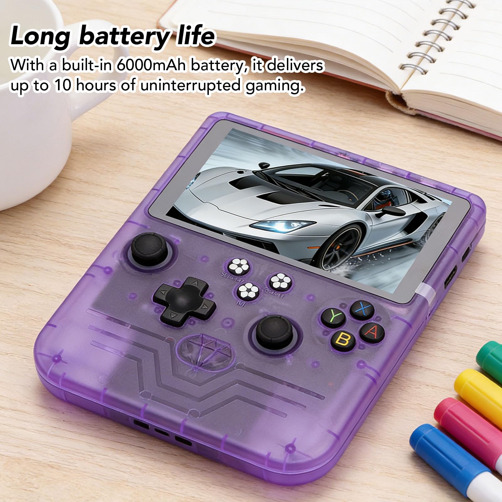 Consola de Juegos Portátil, Pantalla HD de 6 Pulgadas, Batería de 6000 MAh, Consola de Juegos Retro con Tarjeta de Memoria de 128 GB, Joysticks RGB Duales para Más de 30 (Púrpura translúcido)