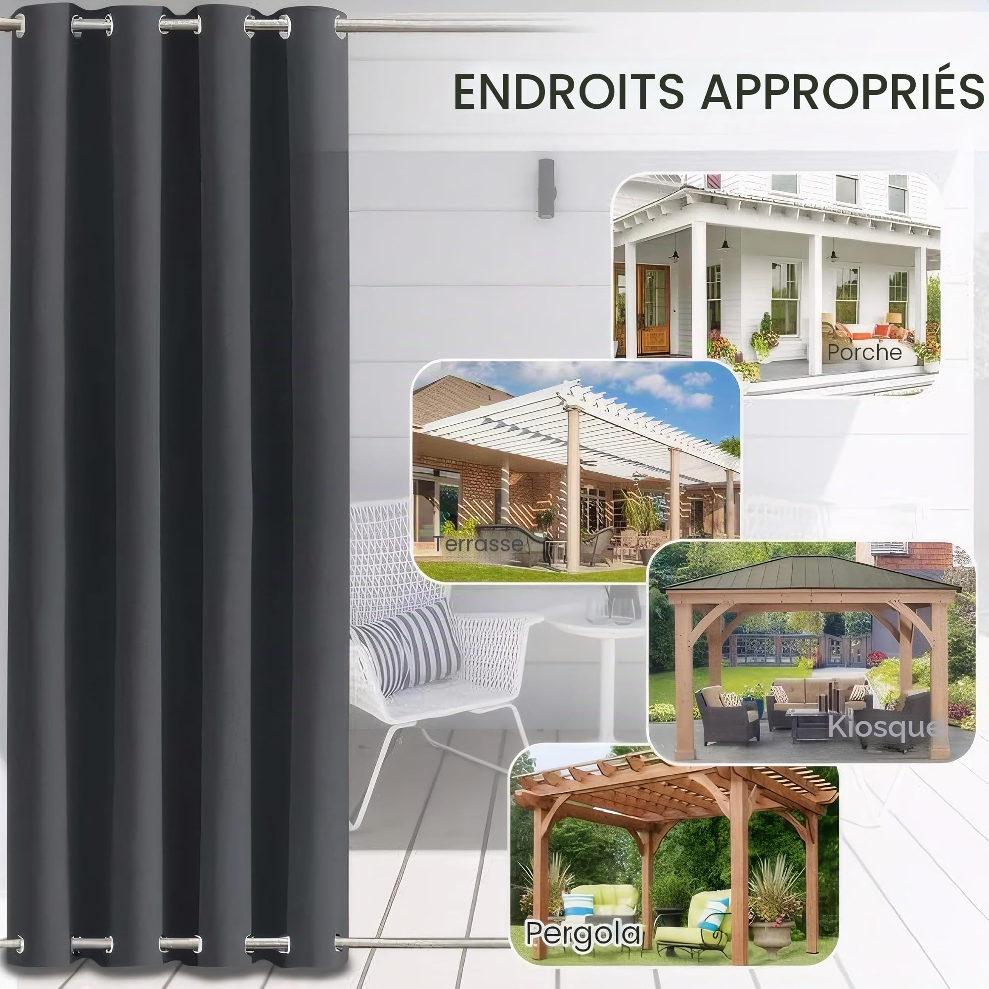 Rideau Exterieur Terrasse,imperméables,Coupe-Vent,Rideau Pergola Extérieur Occultants à Double œillet à Isolation Thermique pour tonnelle de Porte de Jardin,Gris foncé,2 pièces|254x213cm(LxH)