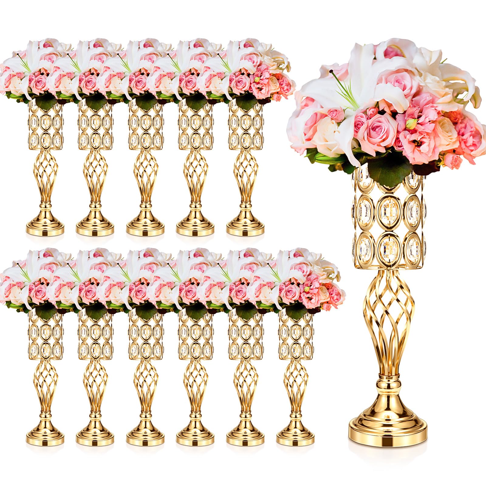 Tatuo 12 Pcs Gold Wedding Centerpiece Vases for Table Crystal Flower Trumpet Vase Metal Flower Vase Stand with Diamond for Wedding Party Reception Dining Room Living Room (20 inch)