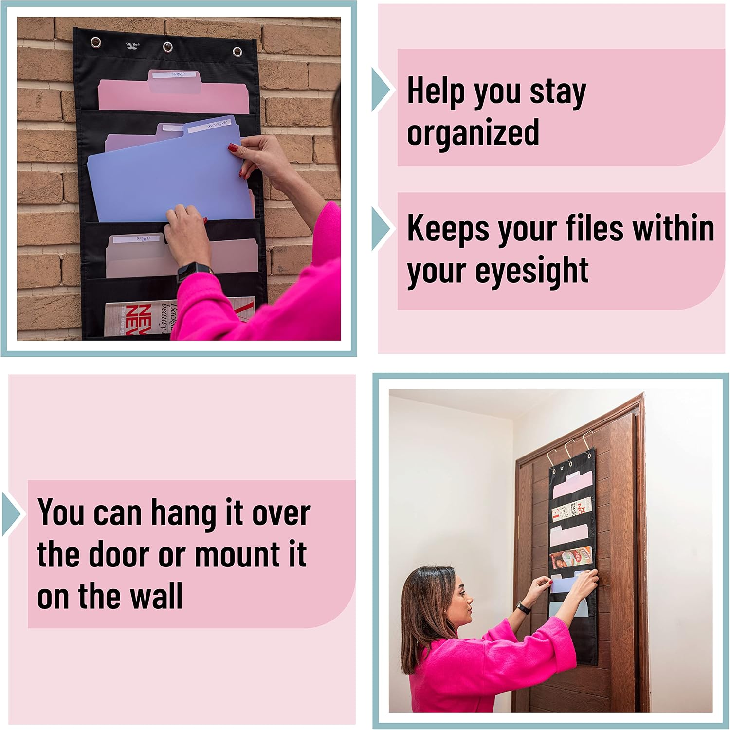 Mr. Pen- Hanging Wall File Organizer, 6 Pocket, Black, 3 Overdoor Hangers Included, Over The Door File Organizer, Hanging Folder Organizer, Wall Folder Organizer, Hanging File Organizer for Wall