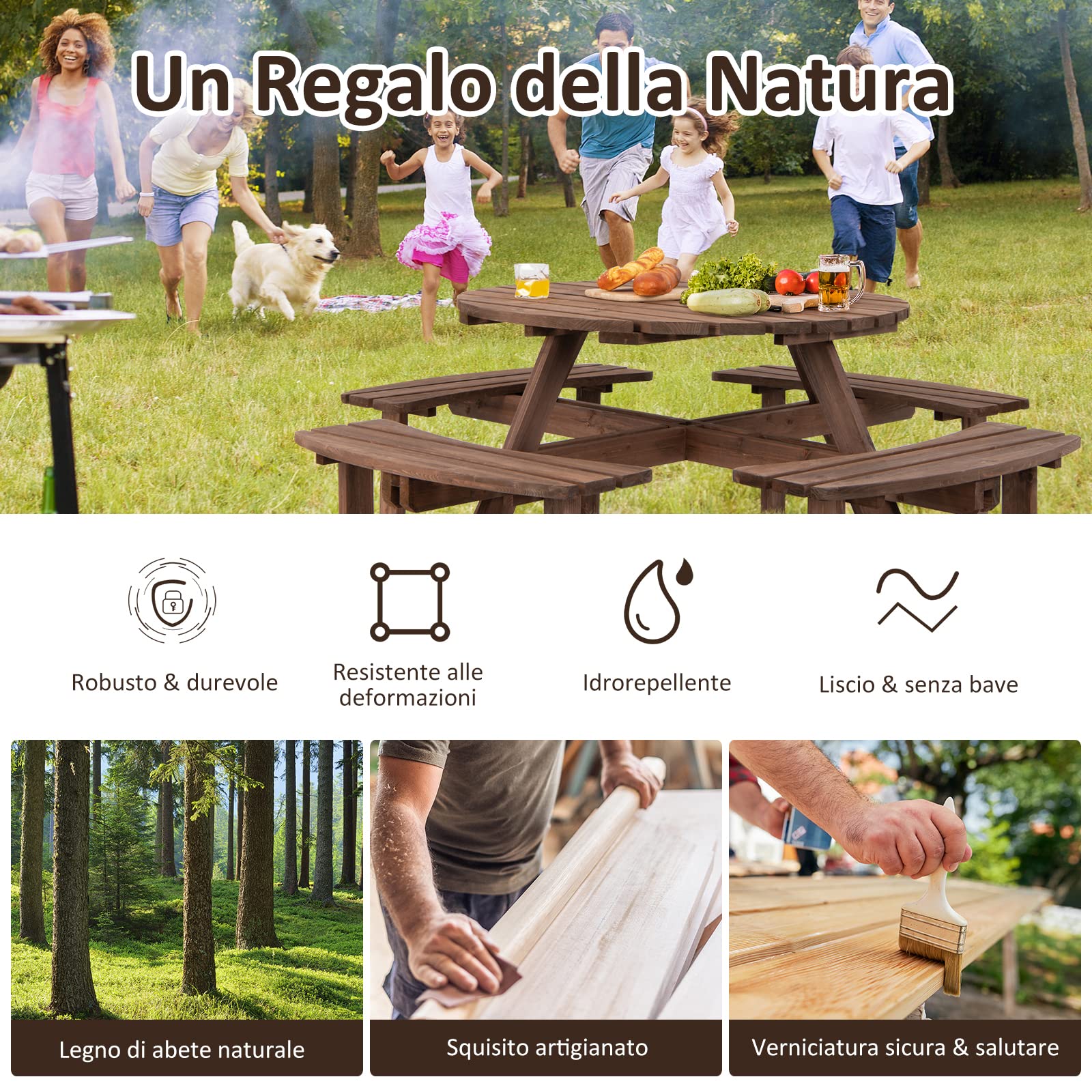 COSTWAY Set Tavolo da Giardino con 4 Panche Integrate, Legno Massiccio, con Foro Ombrellone, per 4-8 Persone, Tavolo Rotondo da Picnic per Esterno, Ogni Panca Porta 225 kg (Marrone, 178 x 178 x 70 cm)