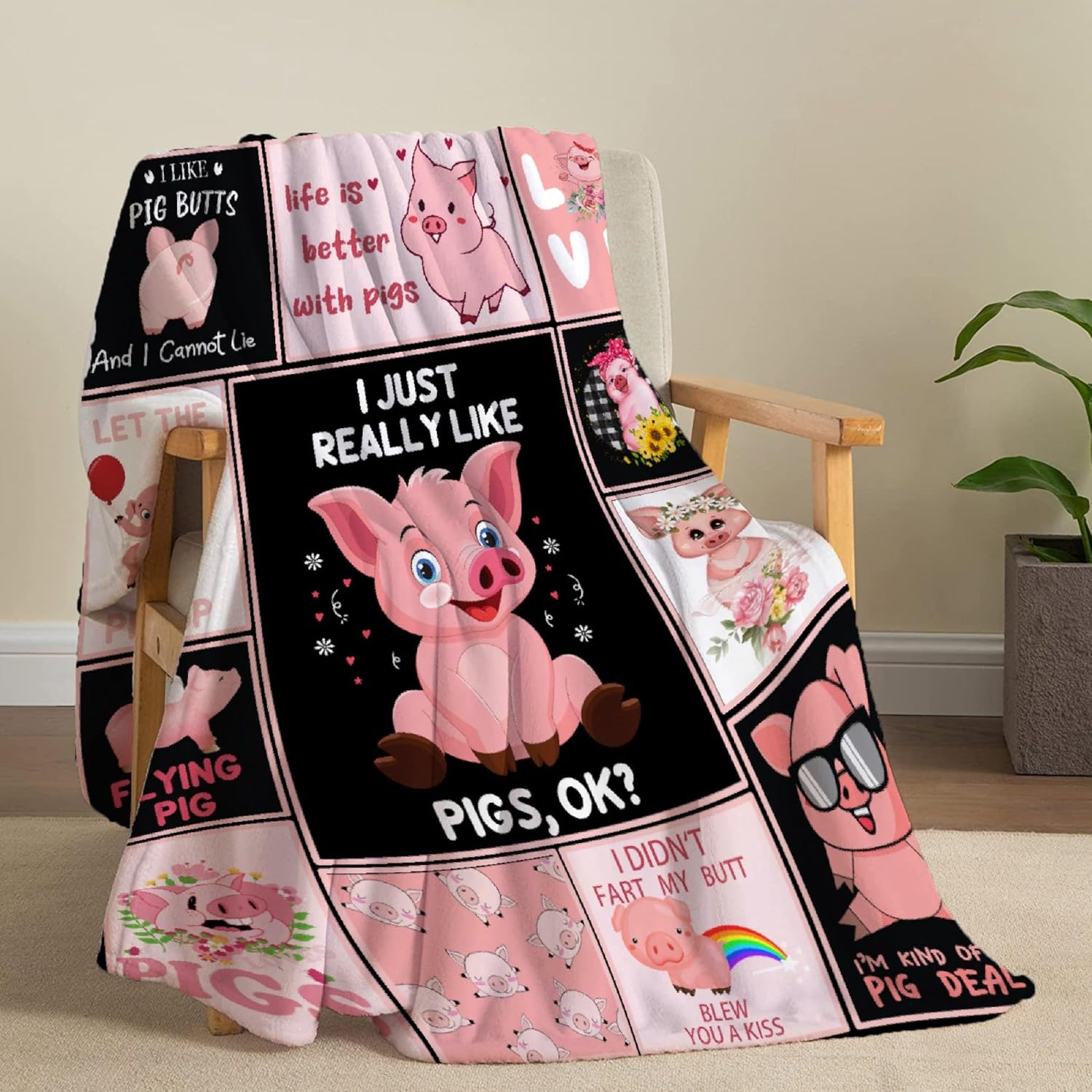 I Just Really Like Pigs Blanket Gifts Flannel Lightweight Soft Cozy Blankets Trows Bedding Kids Adult Couch Sofa Bedroom Camping Travel Girls Boys 50"x60" for Teen