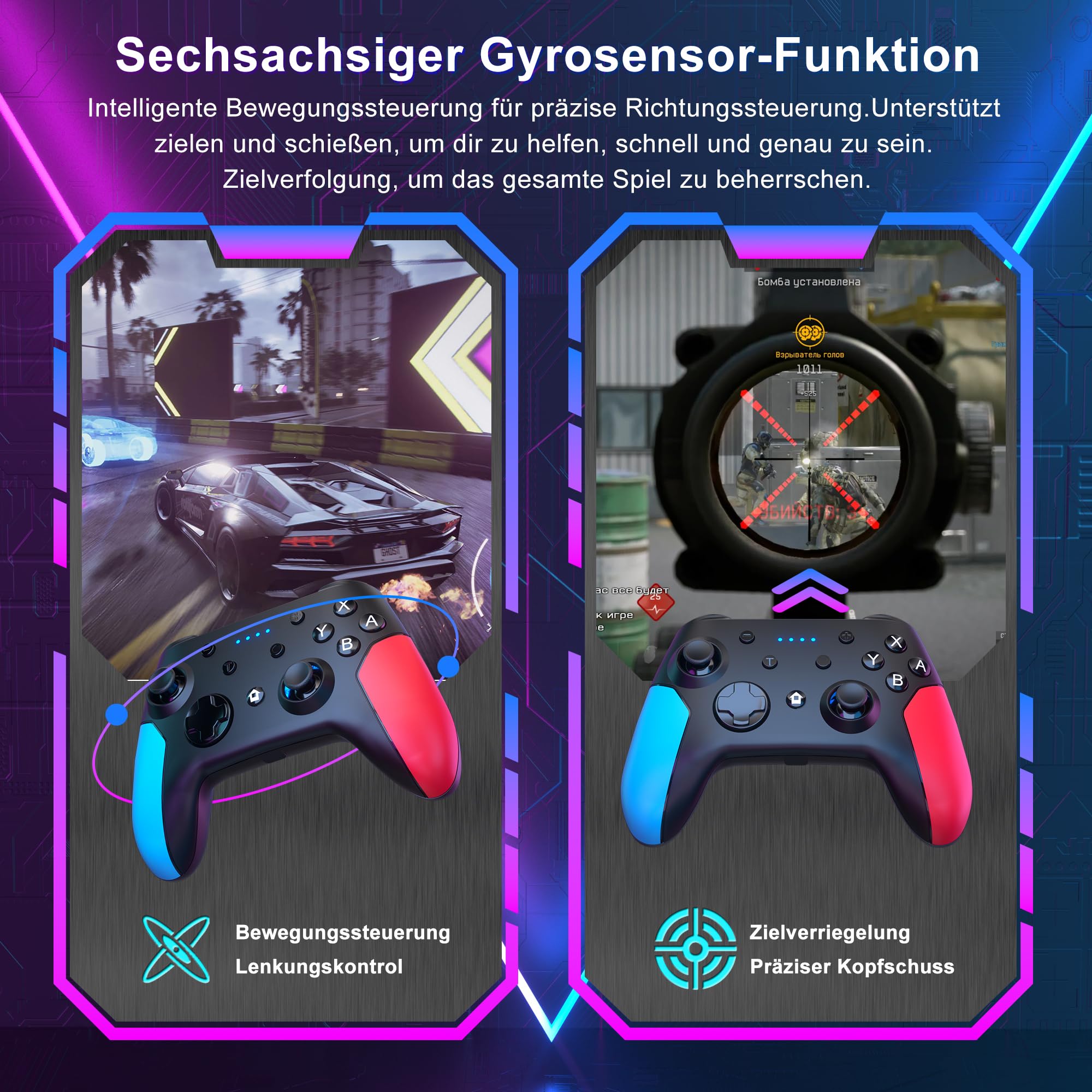 SWANPOW Wireless Controller für Switch, Wireless Pro Controller für Switch/Switch 2/OLED/Lite, Turbo Funktion Einstellbarer Dual Vibration 6 Achsen Gyroskop Joystick SYNC Button Wake-up Function